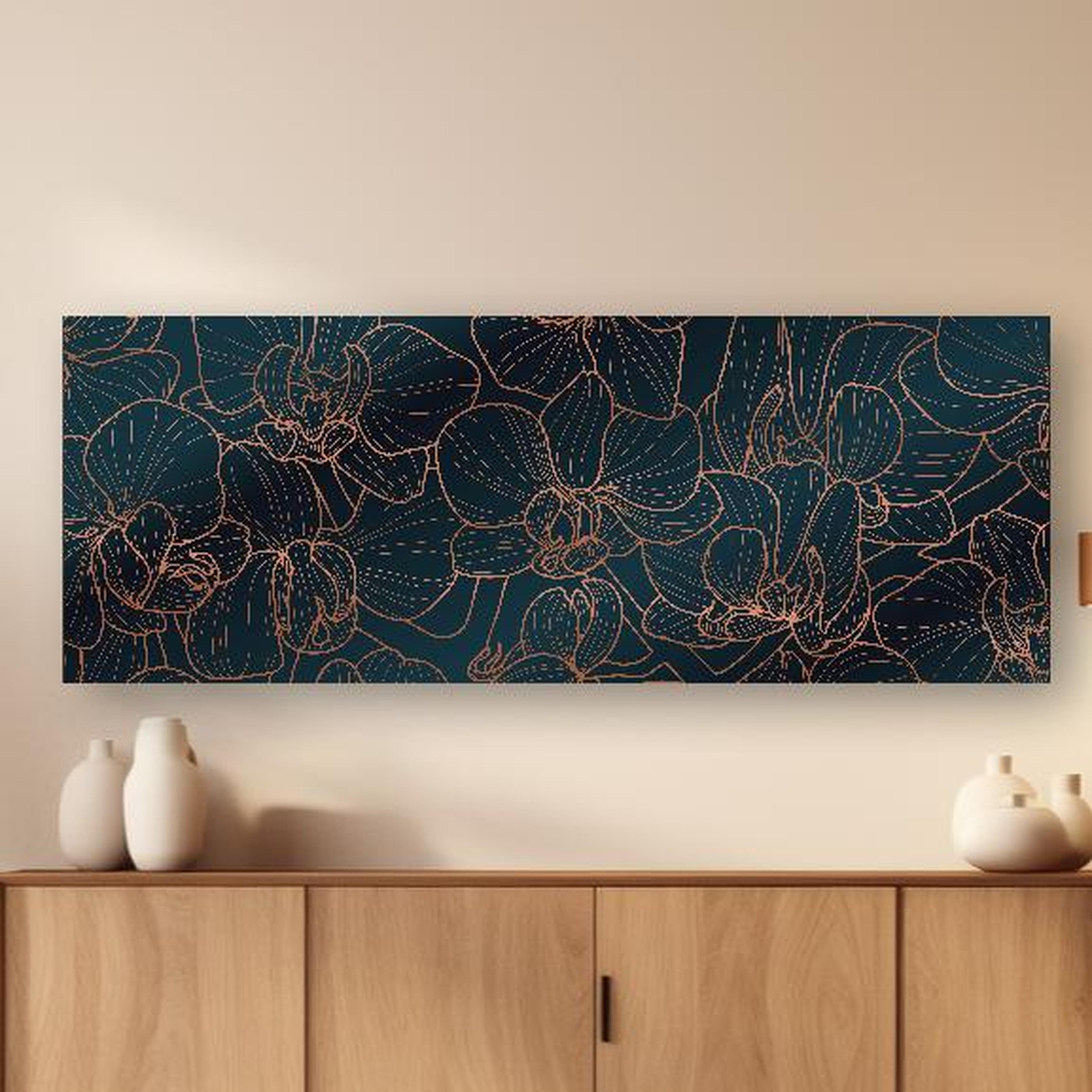Wandbild - Elegante Orchideen Linienkunst Dunkle Töne in dezentem Wohnzimmer mit geölter Holzkommode Zoom