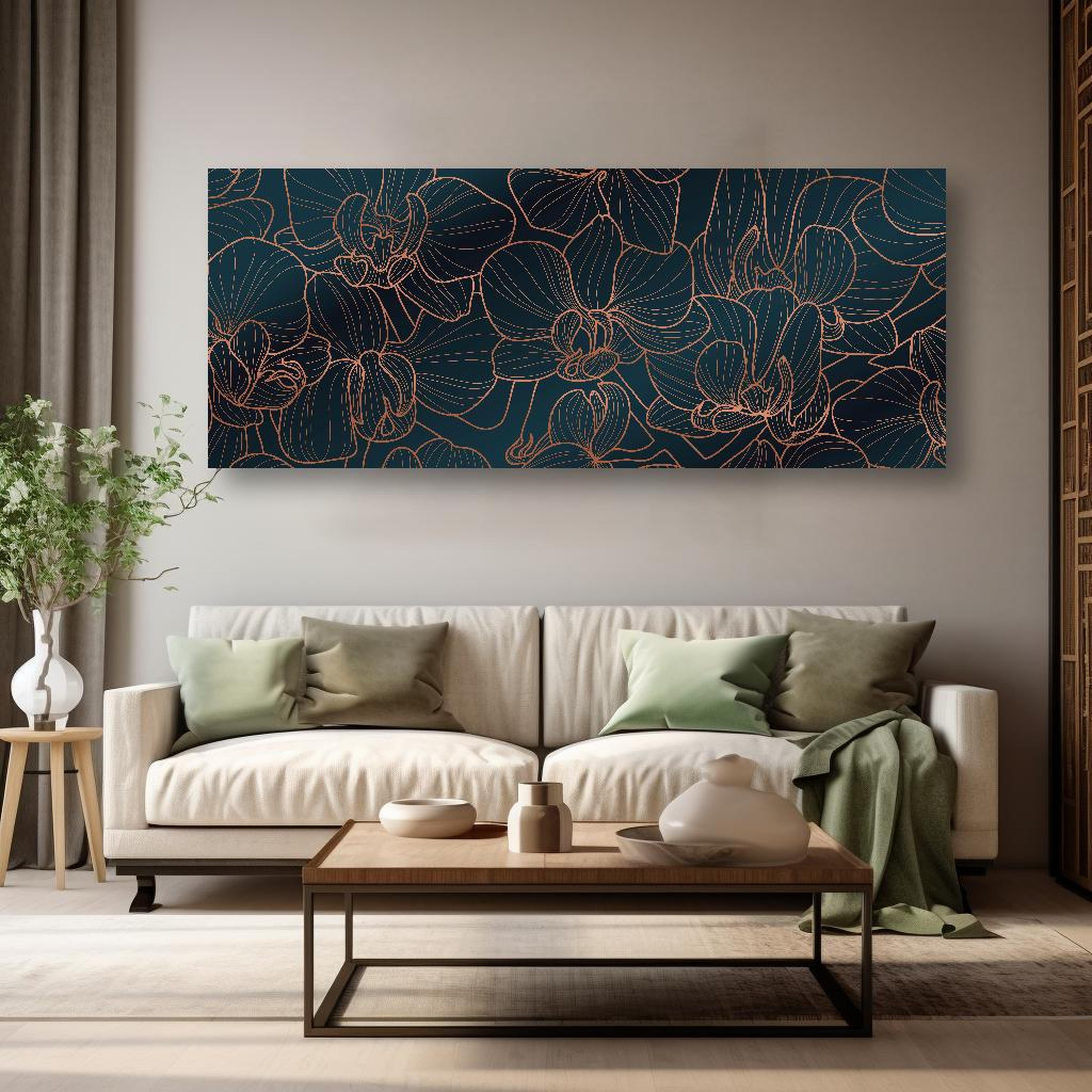 Wandbild - Elegante Orchideen Linienkunst Dunkle Töne in dezentem Wohnzimmer mit geölter Holzkommode Zoom