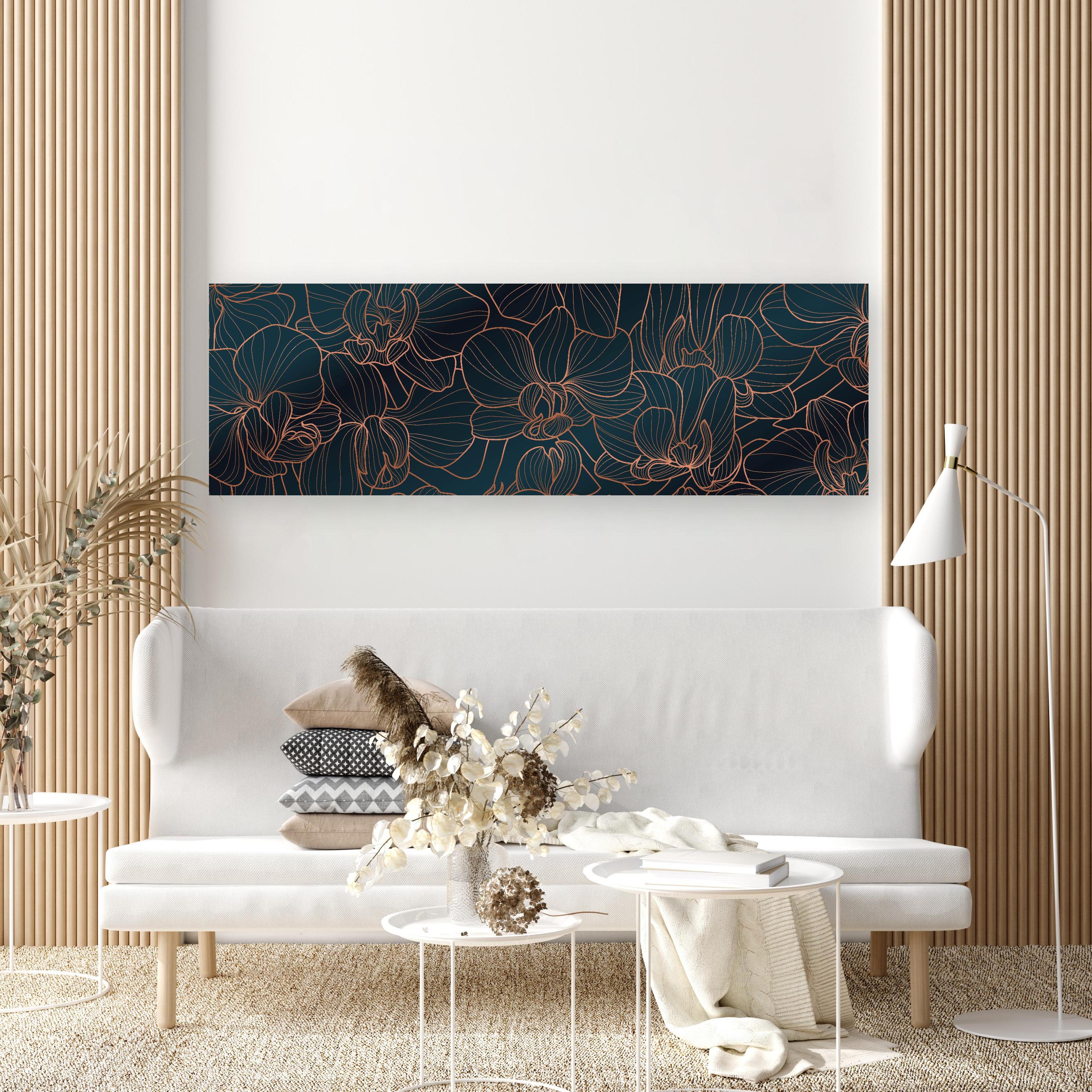 Wandbild - Elegante Orchideen Linienkunst Dunkle Töne in dezentem Wohnzimmer mit geölter Holzkommode Zoom