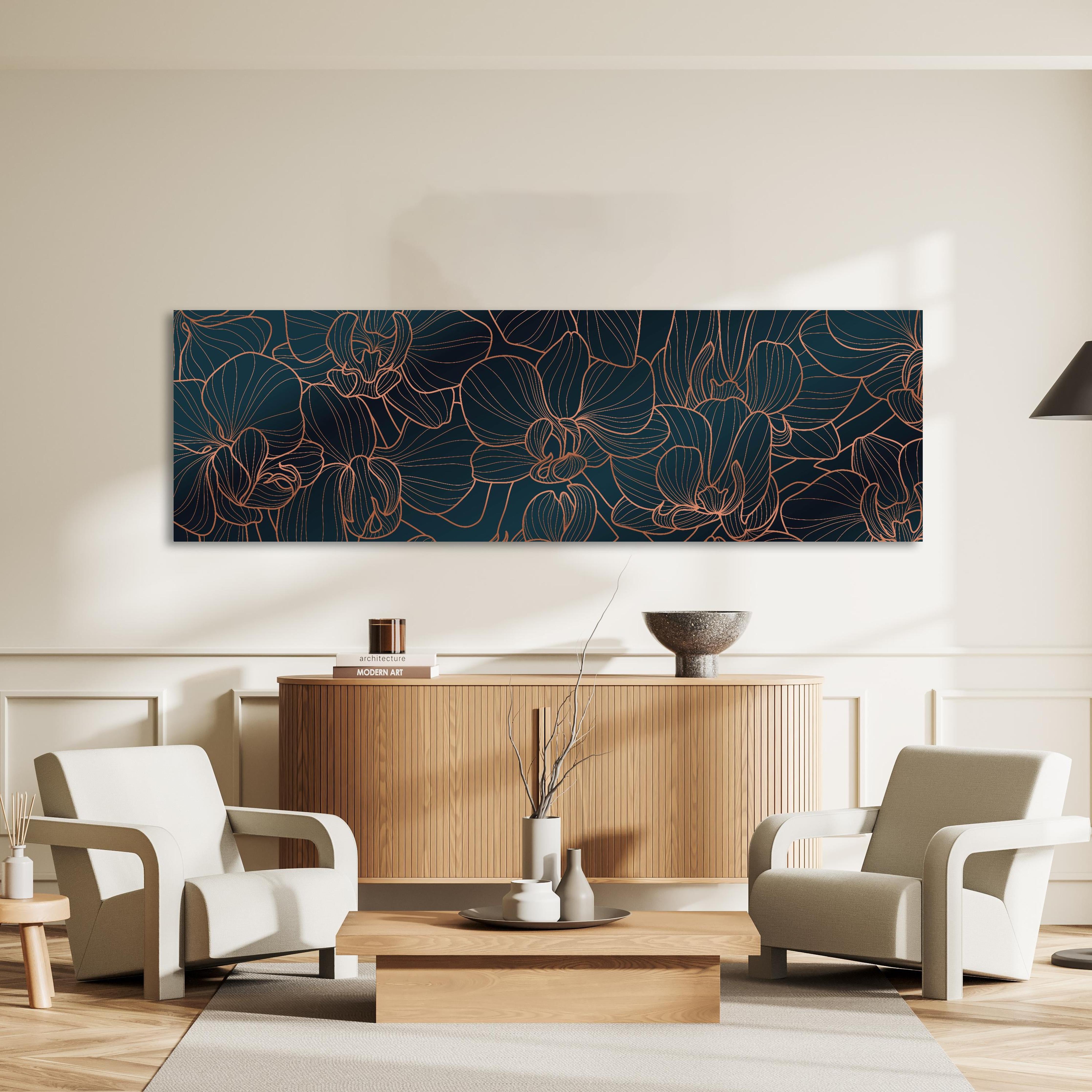 Wandbild - Elegante Orchideen Linienkunst Dunkle Töne in dezentem Wohnzimmer mit geölter Holzkommode Zoom
