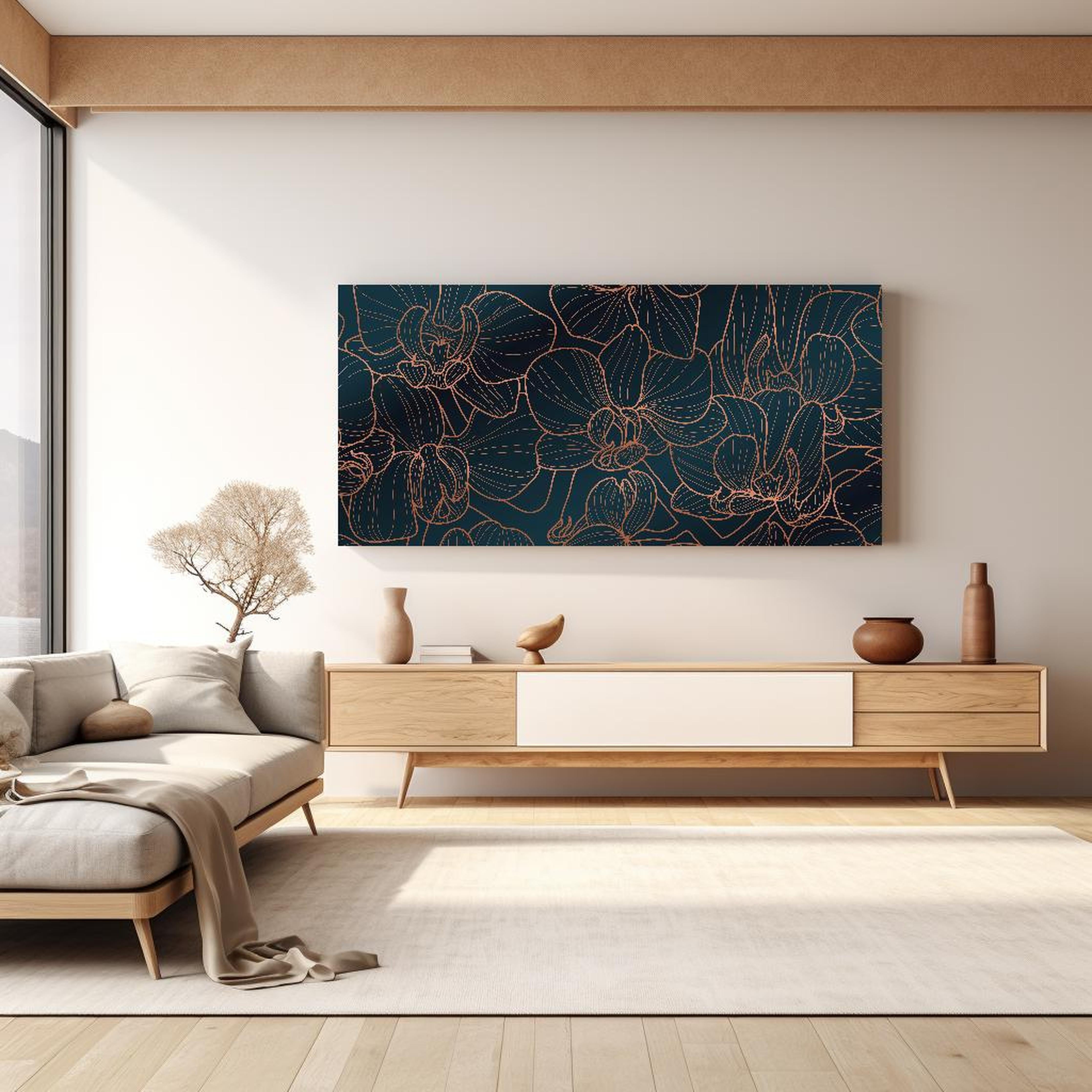 Wandbild - Elegante Orchideen Linienkunst Dunkle Töne in dezentem Wohnzimmer mit geölter Holzkommode Zoom