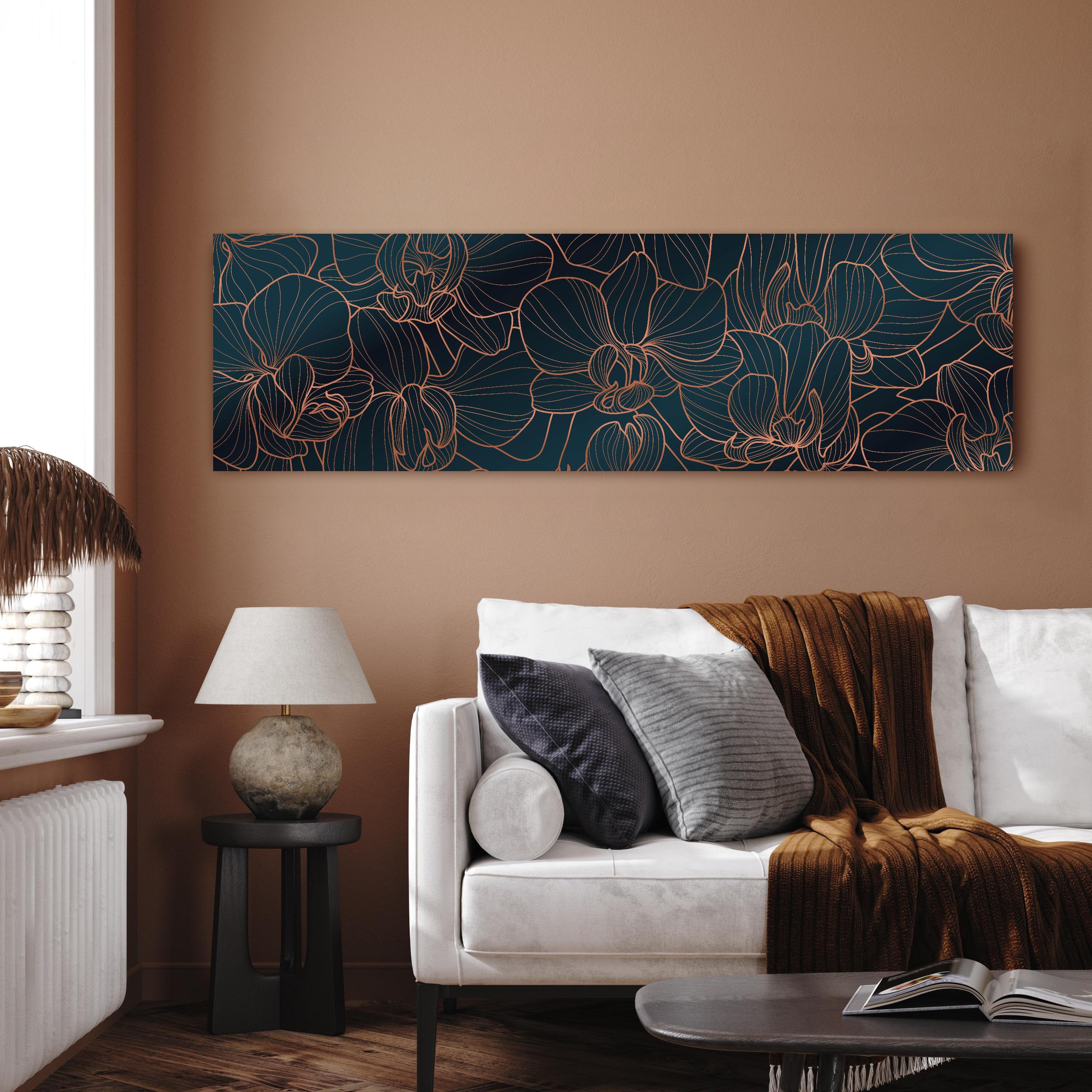 Wandbild - Elegante Orchideen Linienkunst Dunkle Töne in dezentem Wohnzimmer mit geölter Holzkommode Zoom