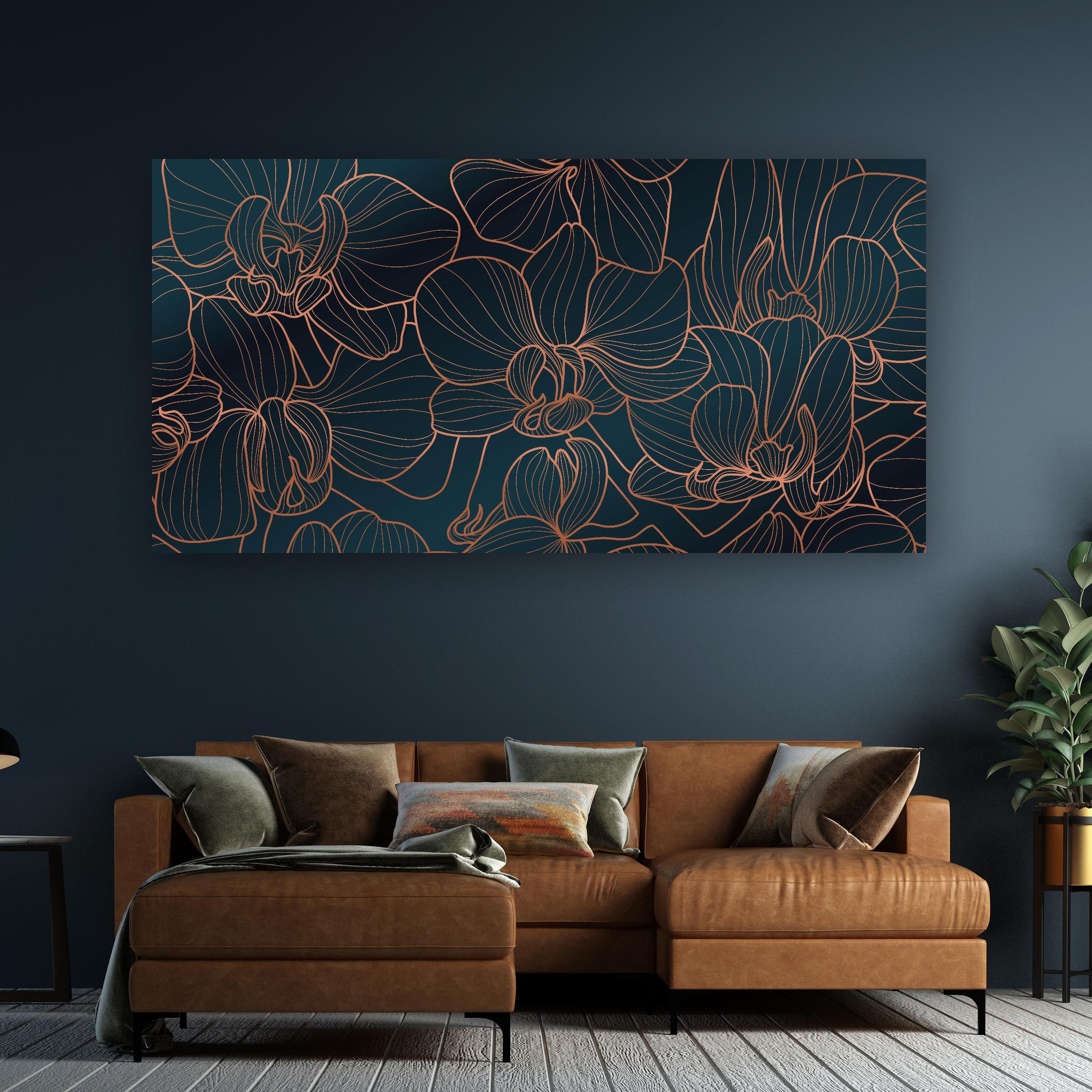 Wandbild - Elegante Orchideen Linienkunst Dunkle Töne in dezentem Wohnzimmer mit geölter Holzkommode Zoom