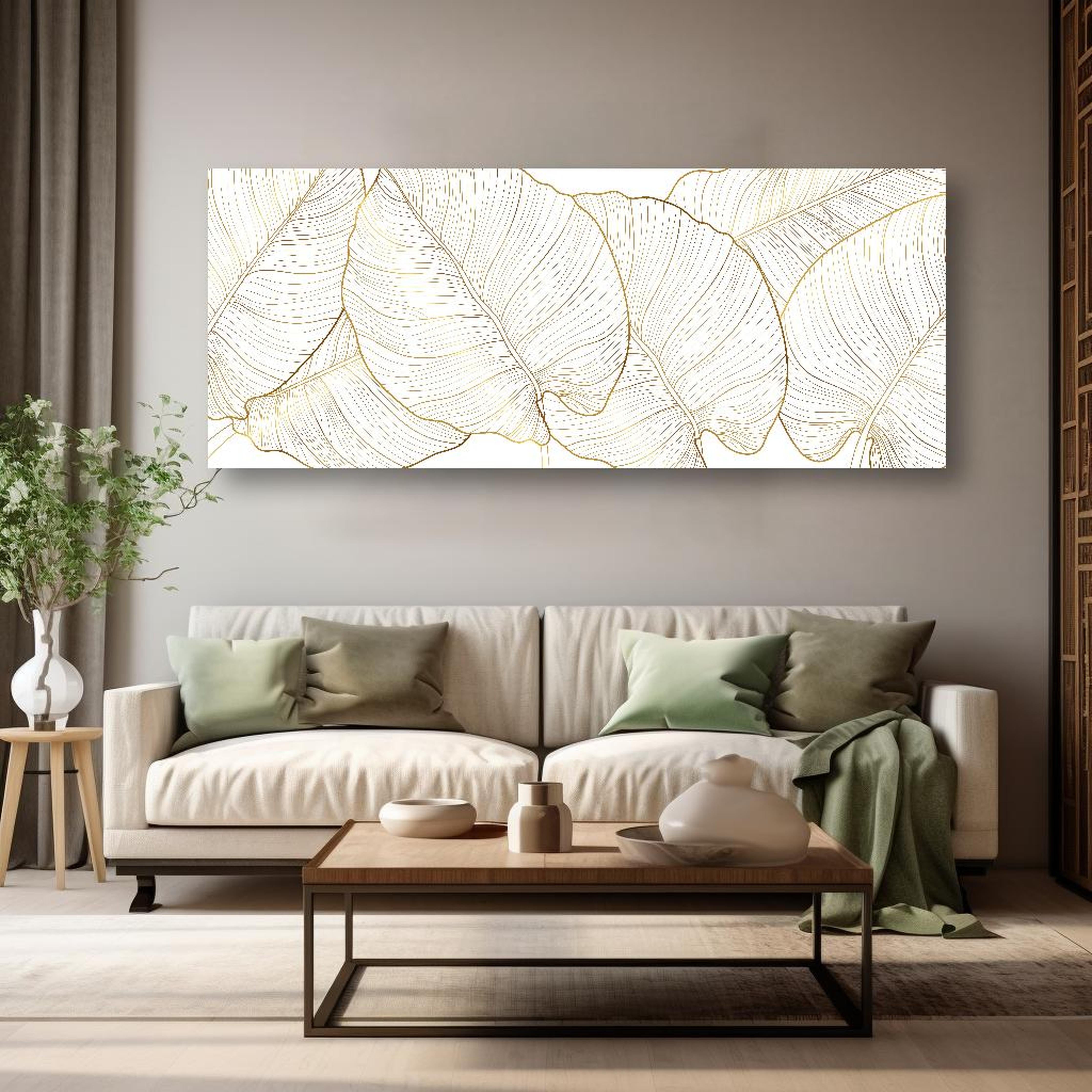 Wandbild - Elegantes Blatt-Design in Gold und Weiß in dezentem Wohnzimmer mit geölter Holzkommode Zoom