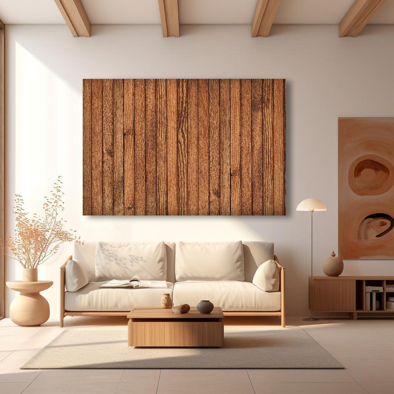 Wandbild - Gestreifte natürliche Holzbretter in modernem Wohnzimmer im Loft-Stil