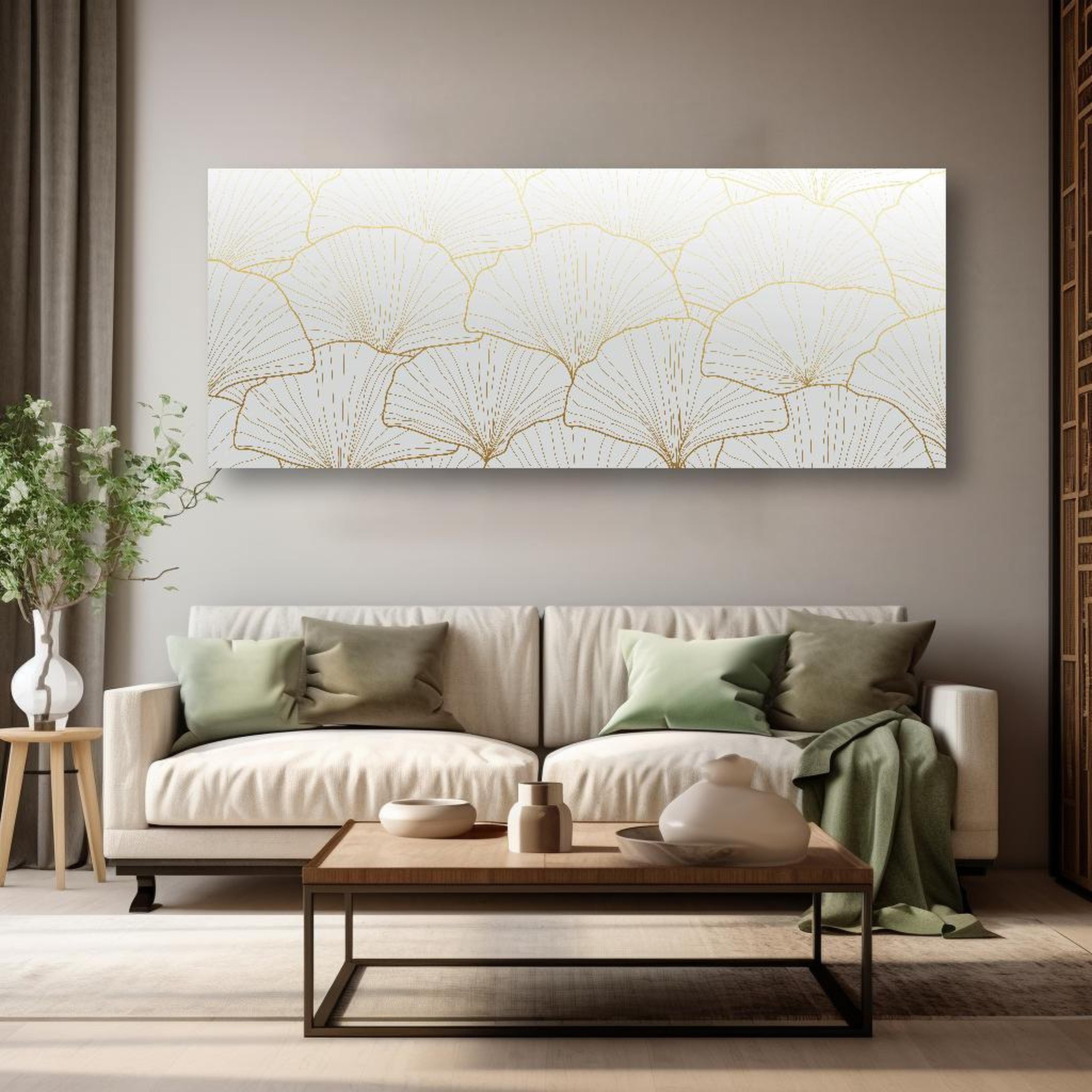 Wandbild - Stilvolles Ginkgo Muster Weiß-Gold Tapete in dezentem Wohnzimmer mit geölter Holzkommode Zoom
