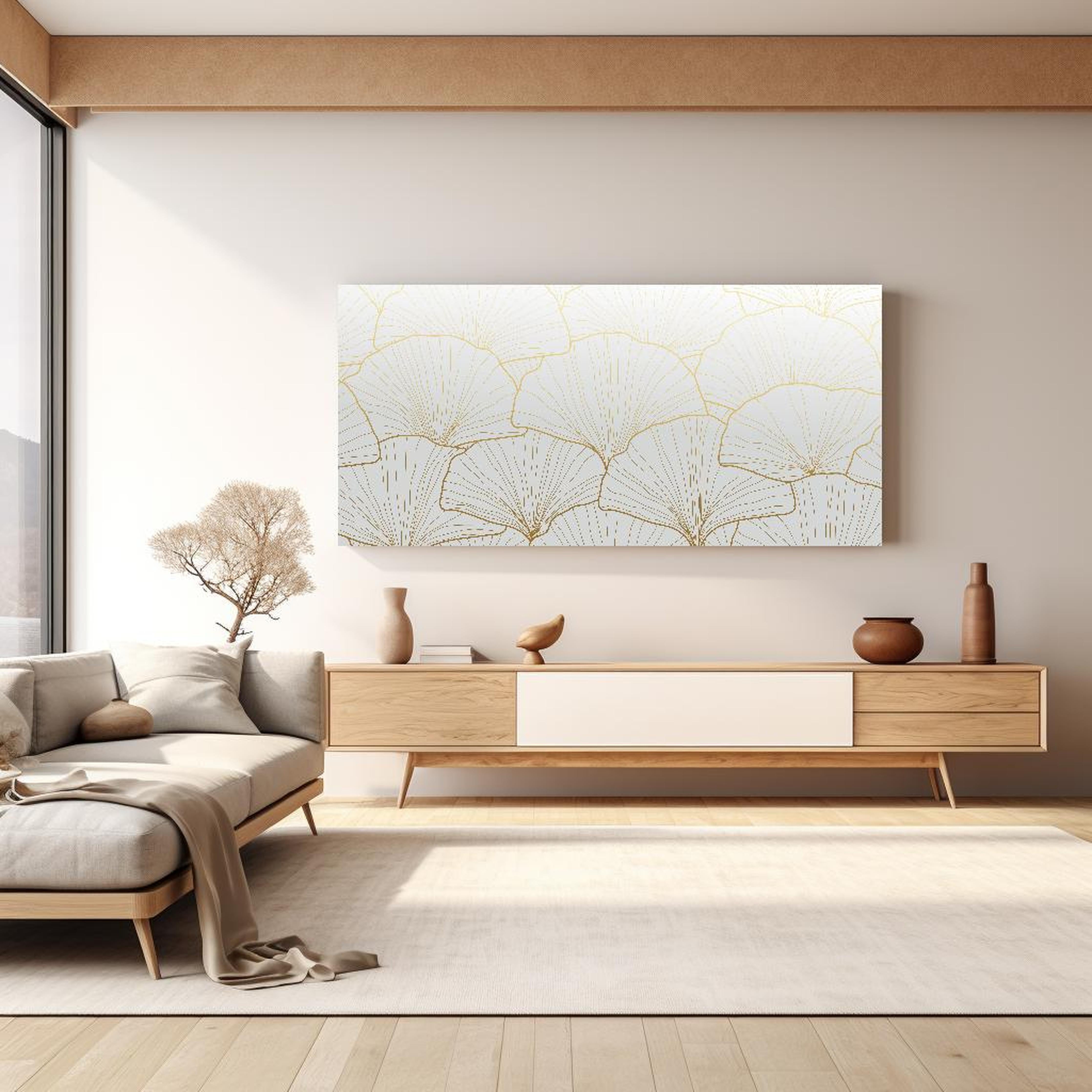 Wandbild - Stilvolles Ginkgo Muster Weiß-Gold Tapete in dezentem Wohnzimmer mit geölter Holzkommode Zoom