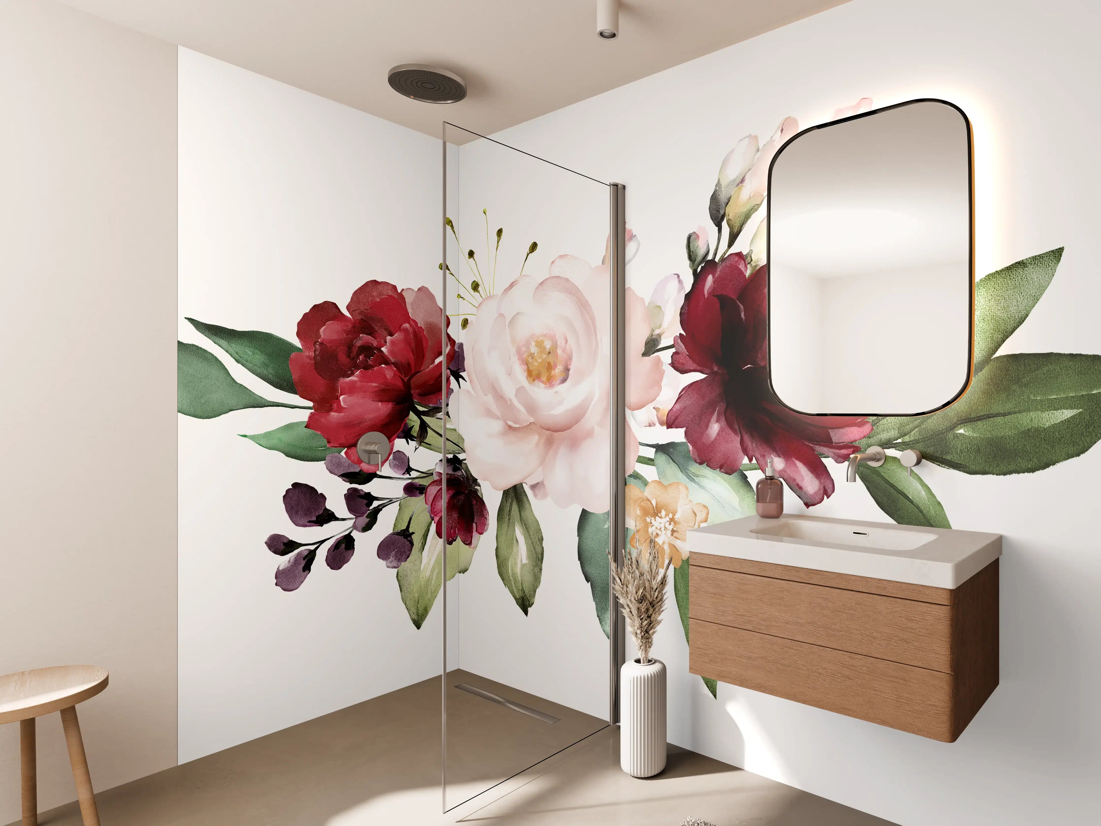 Wandverkleidung Bad - Aquarell bordeauxfarbene Blumen