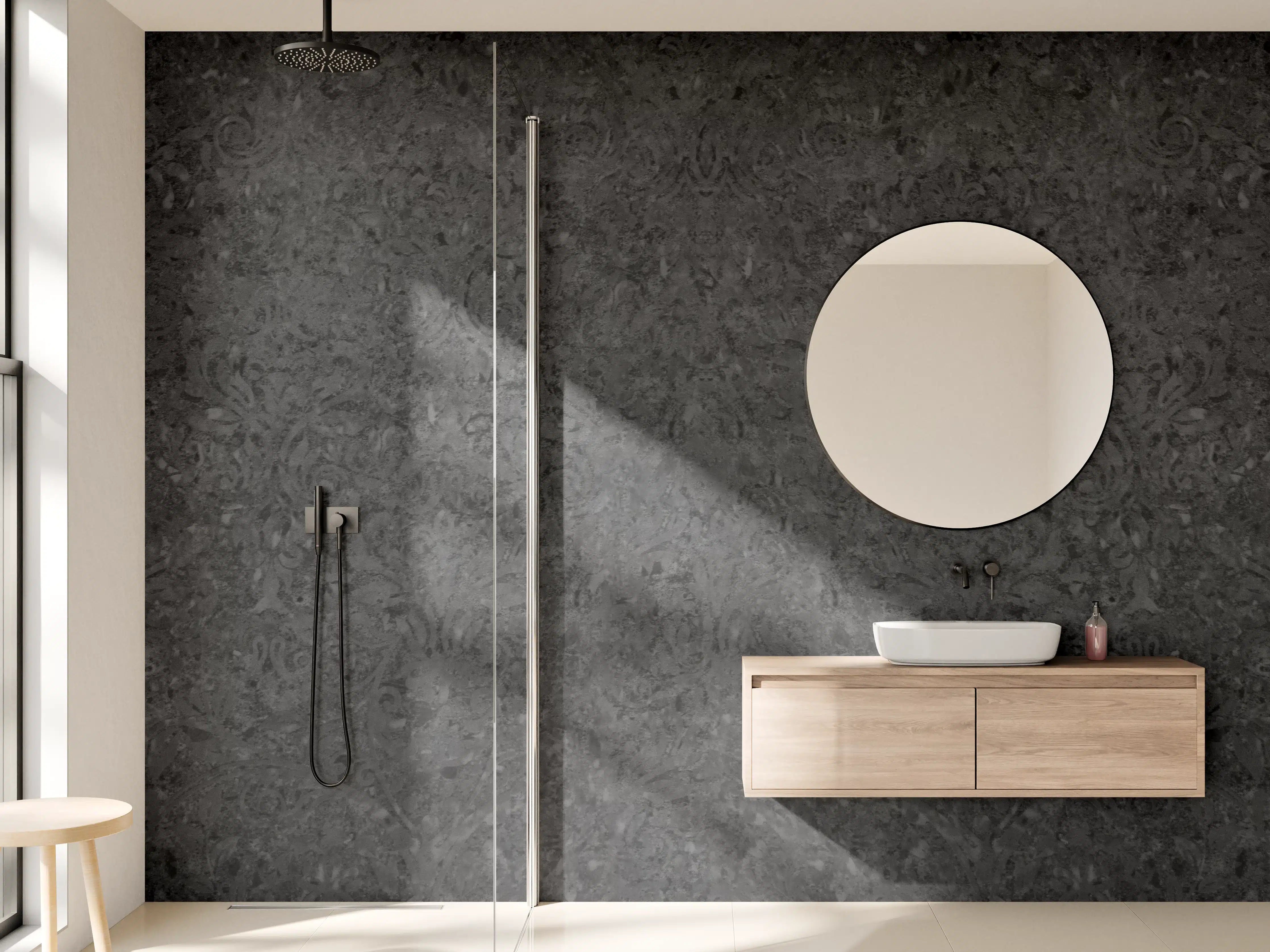 Wandverkleidung Bad - Scwarze Fliesen mit Muster