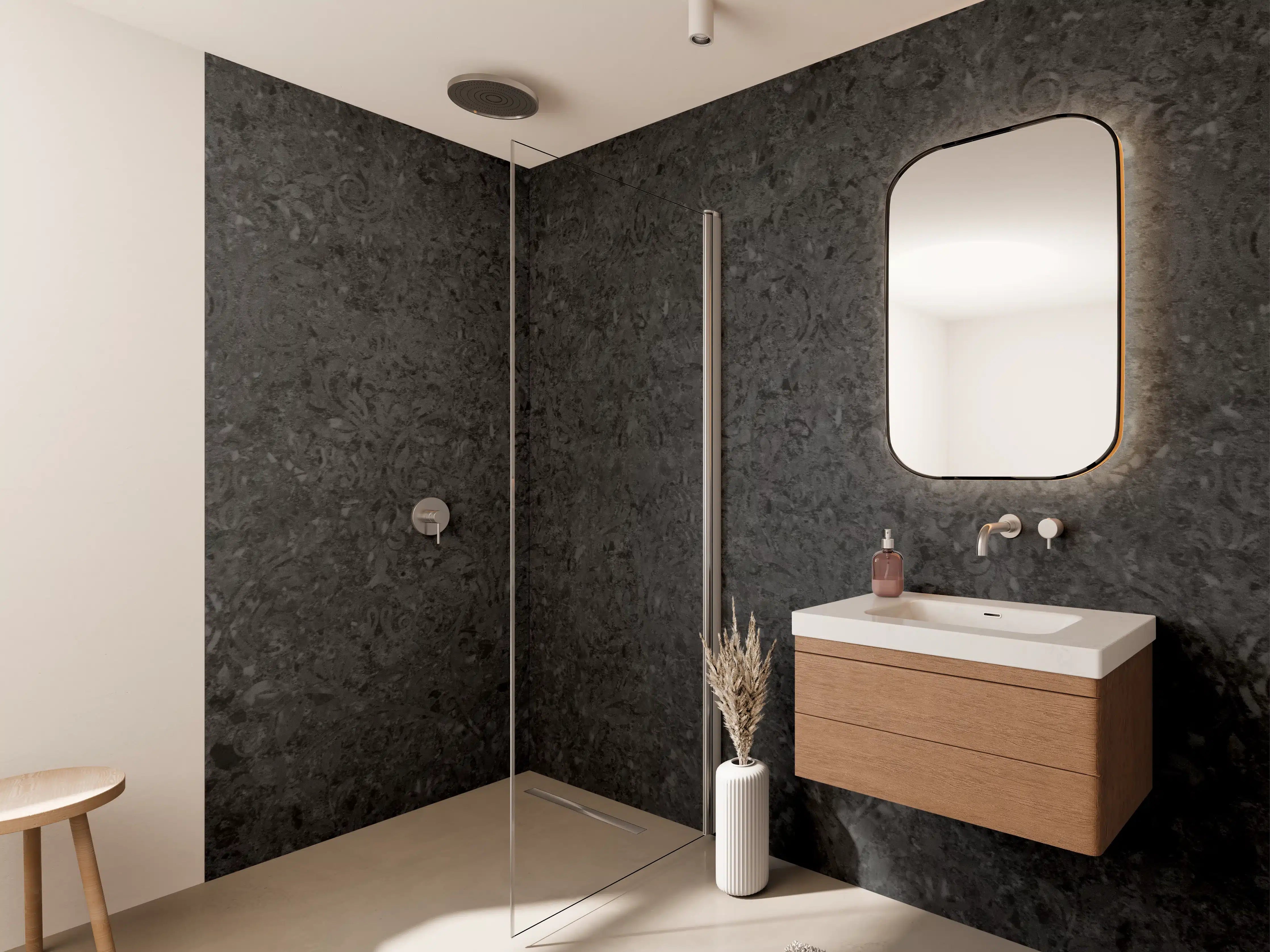 Wandverkleidung Bad - Scwarze Fliesen mit Muster