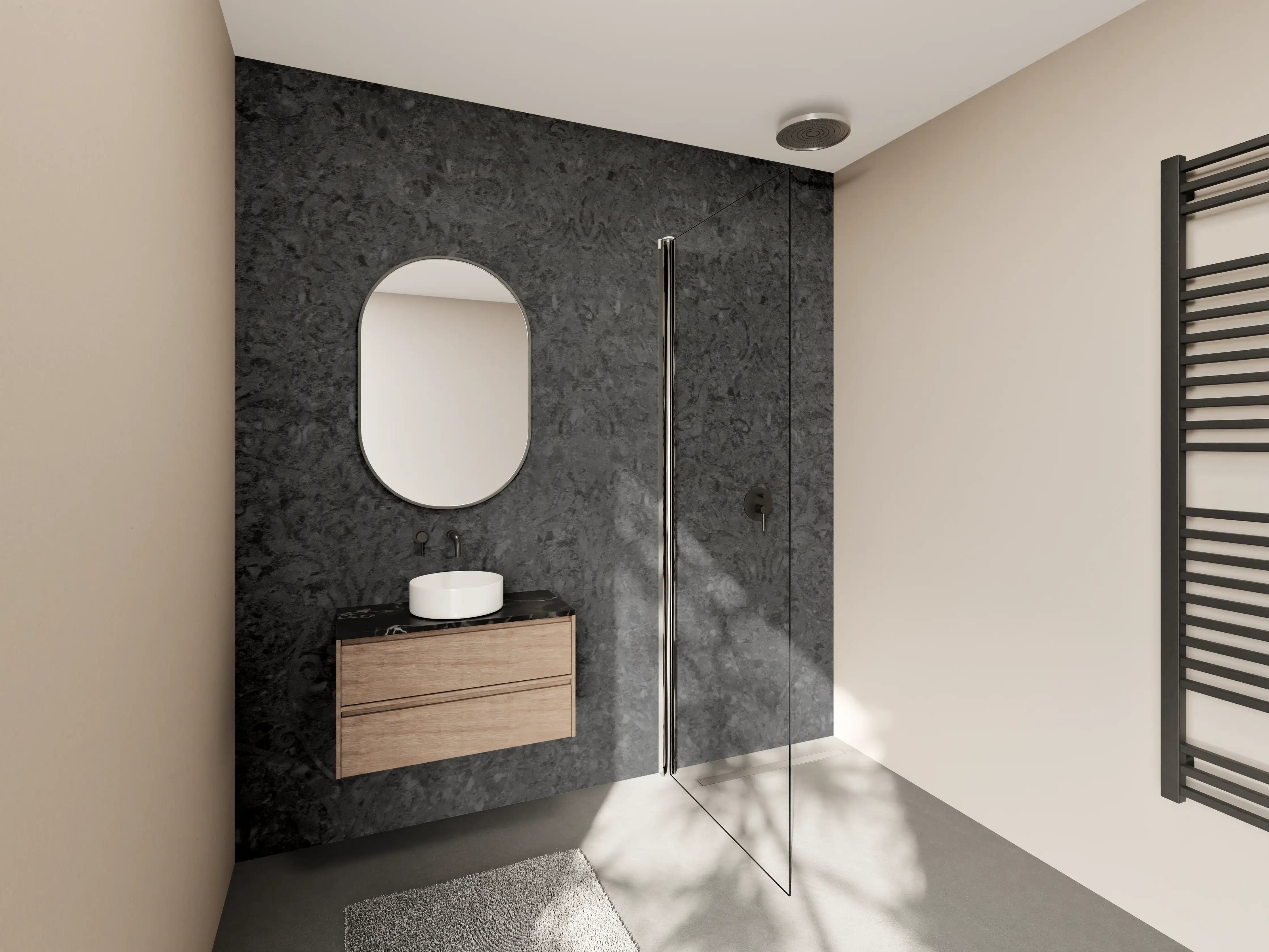 Wandverkleidung Bad - Scwarze Fliesen mit Muster