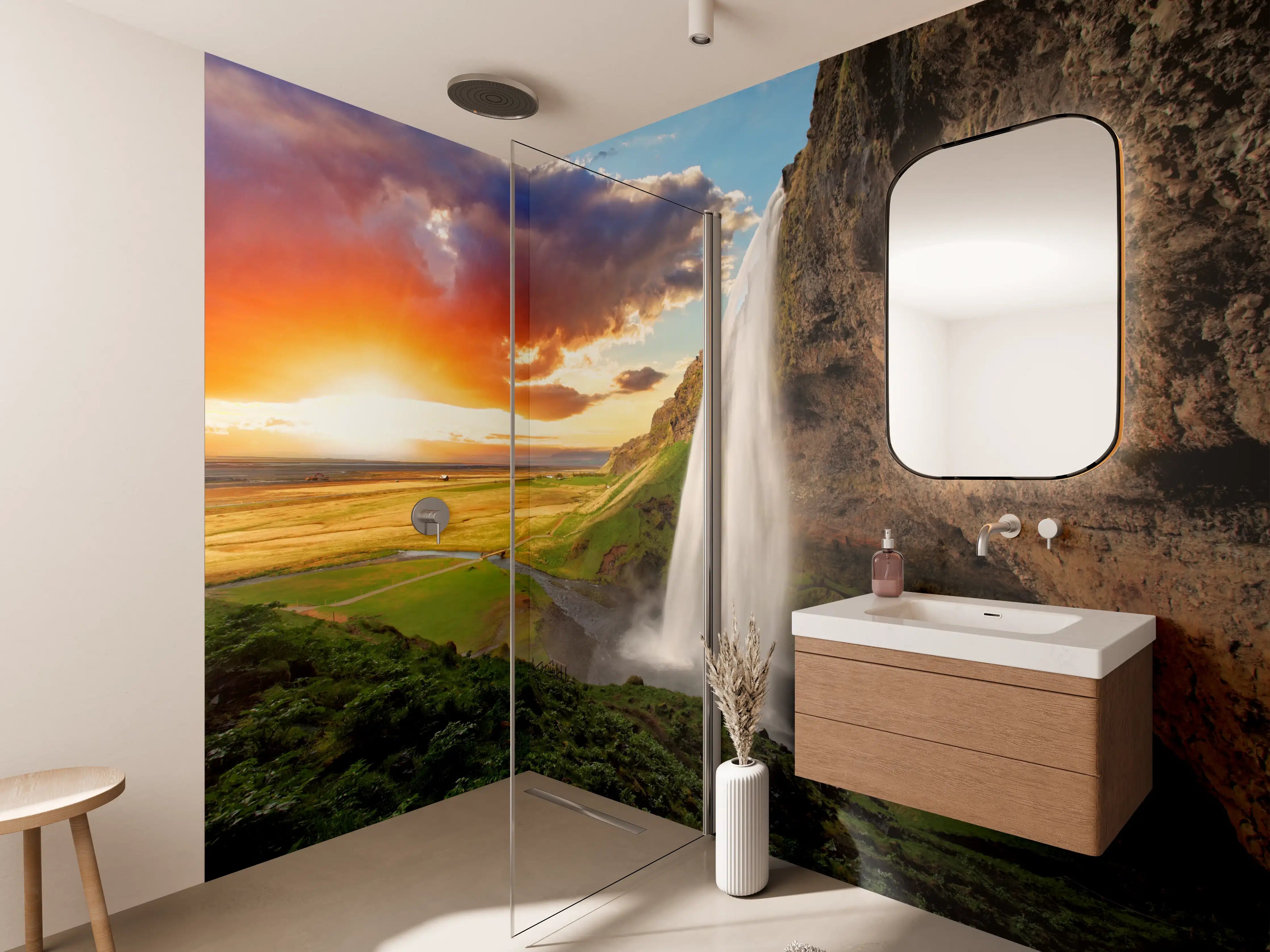 Wandverkleidung Bad - Seljalandsfoss Wasserfall bei Sonnenuntergang