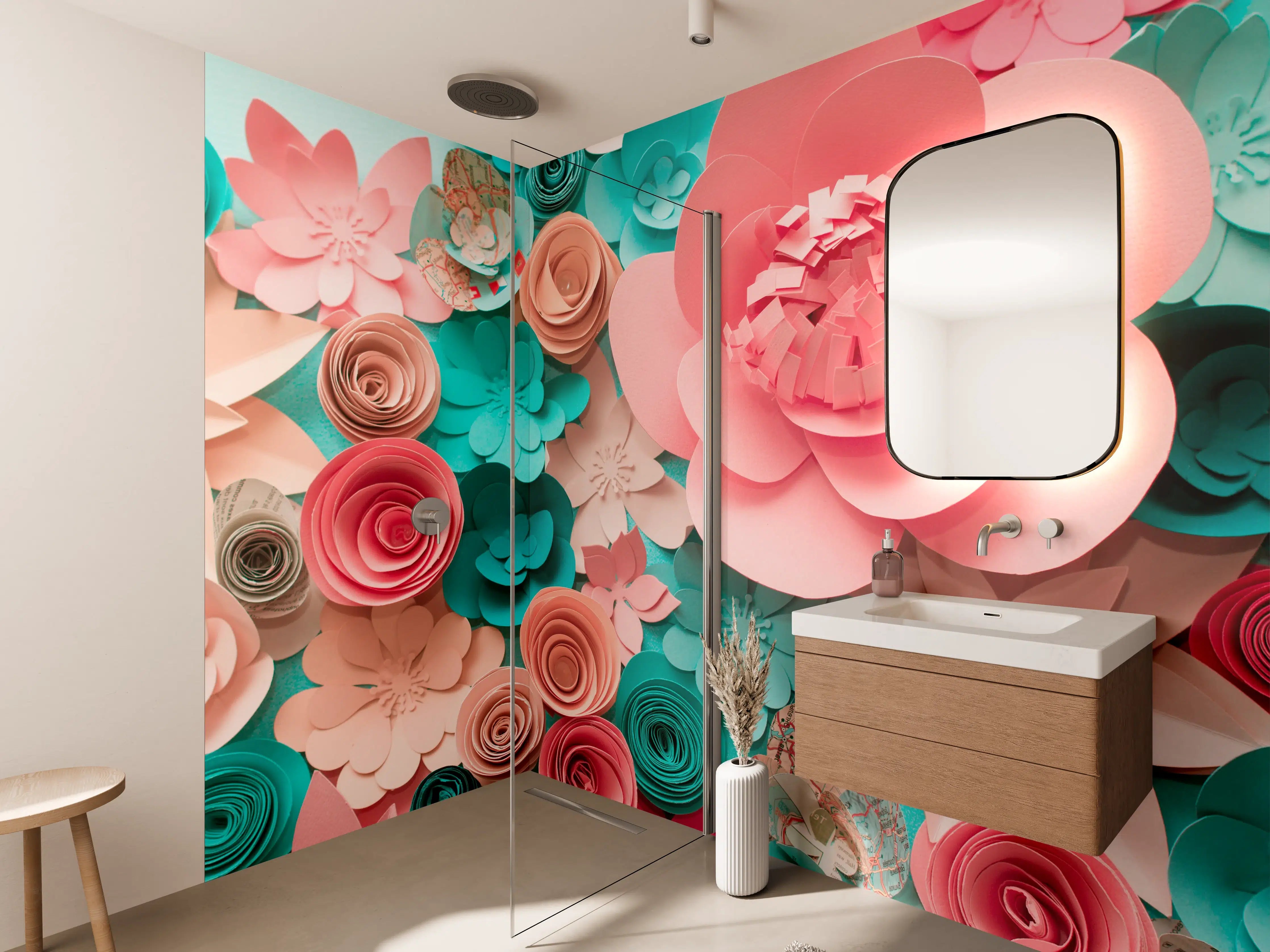 Wandverkleidung Bad - bunte Papier Blumen Komposition