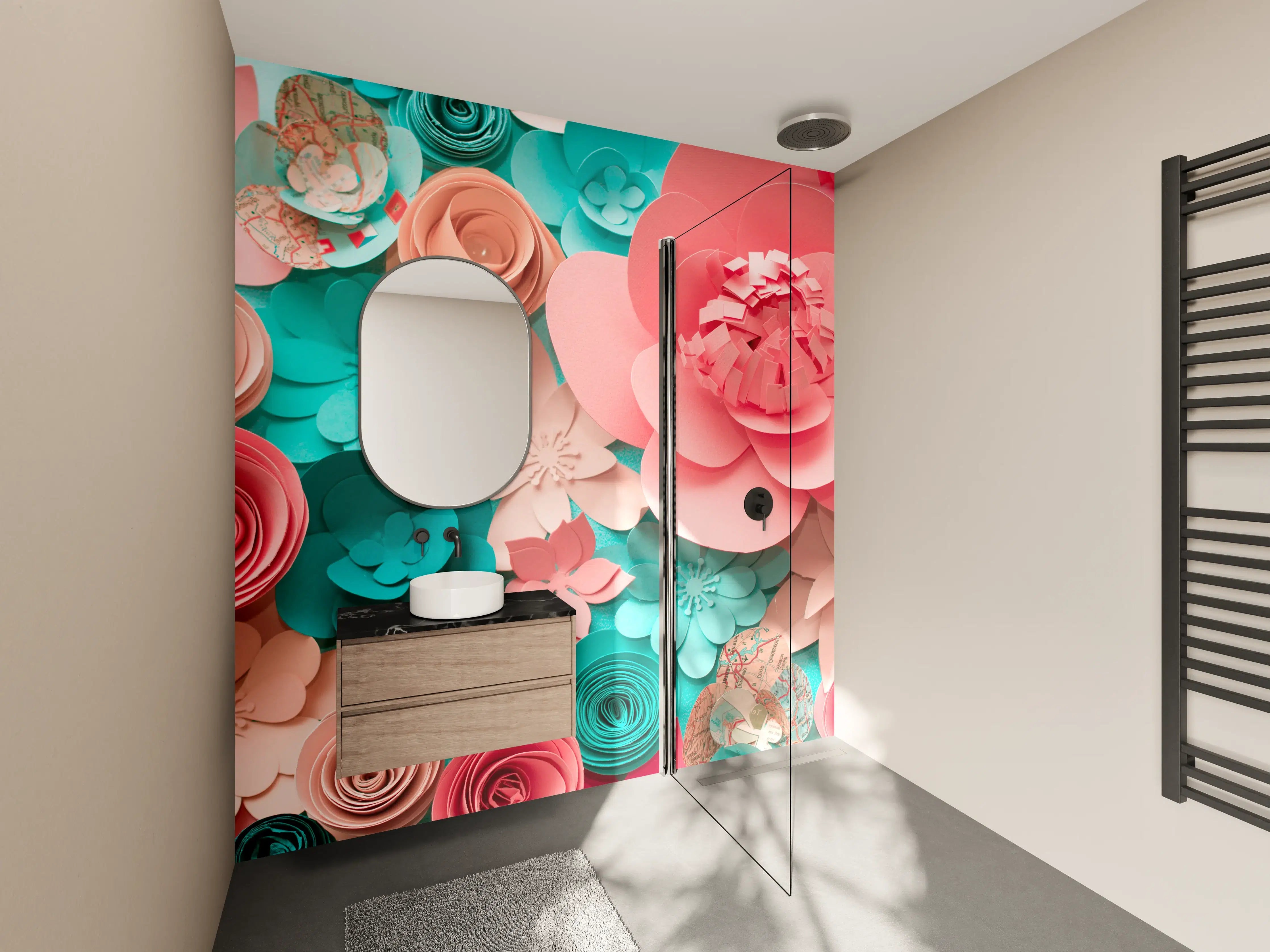 Wandverkleidung Bad - bunte Papier Blumen Komposition