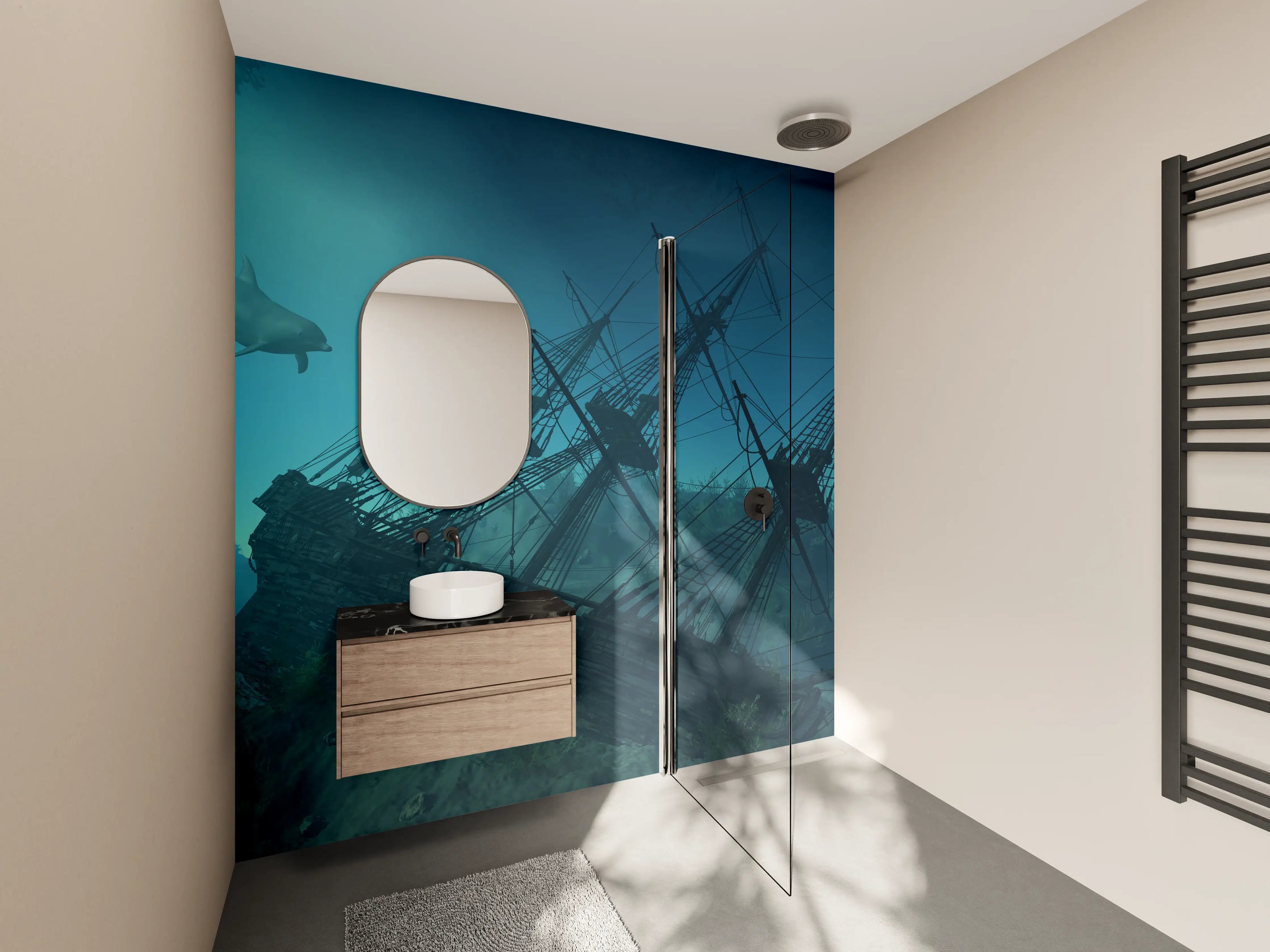 Wandverkleidung Bad - mystisches Schiffswrack mit Delfinen