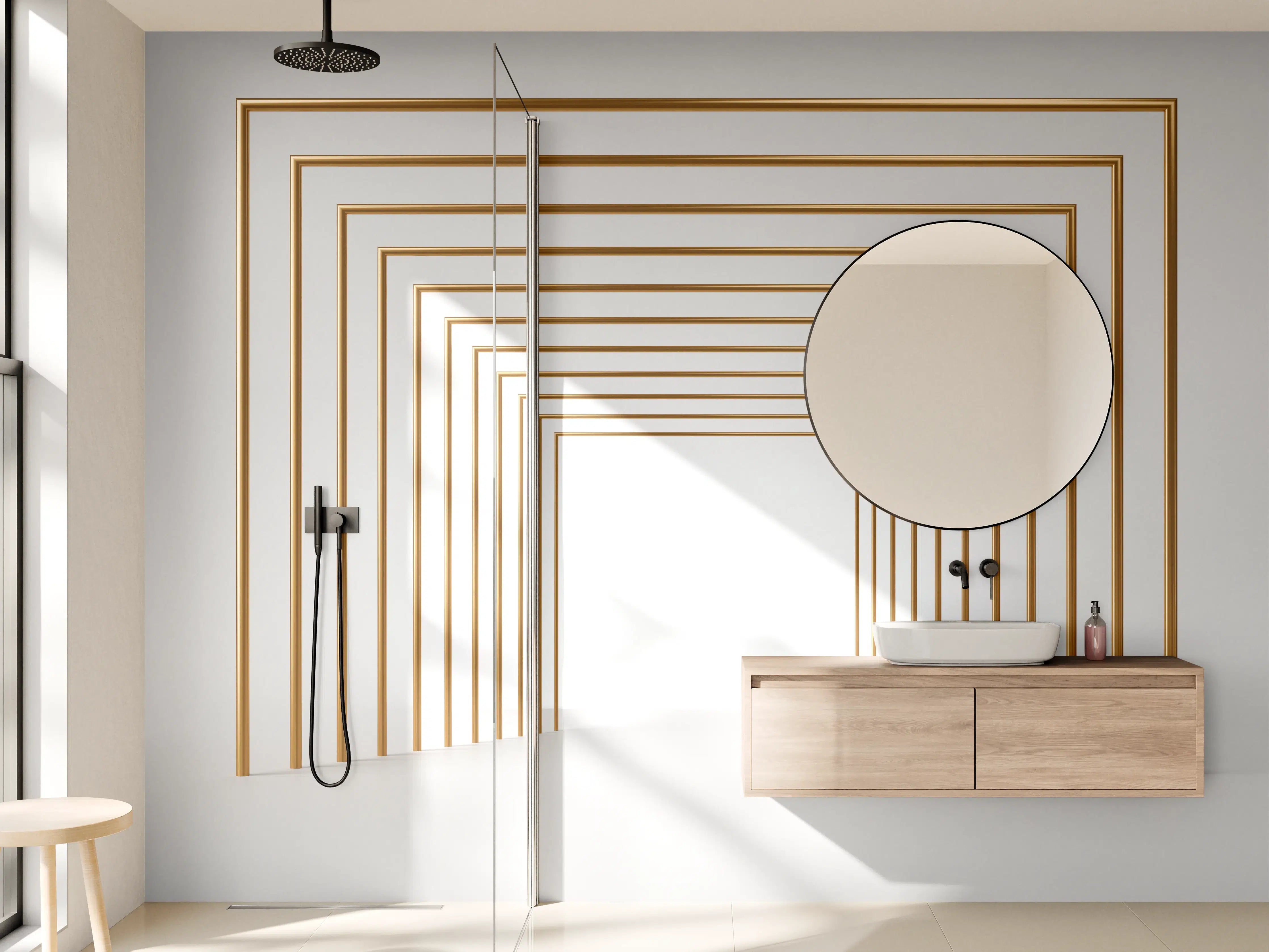 Wandverkleidung Bad - 3D-Design eines Tunnels mit vergoldeten Stangen