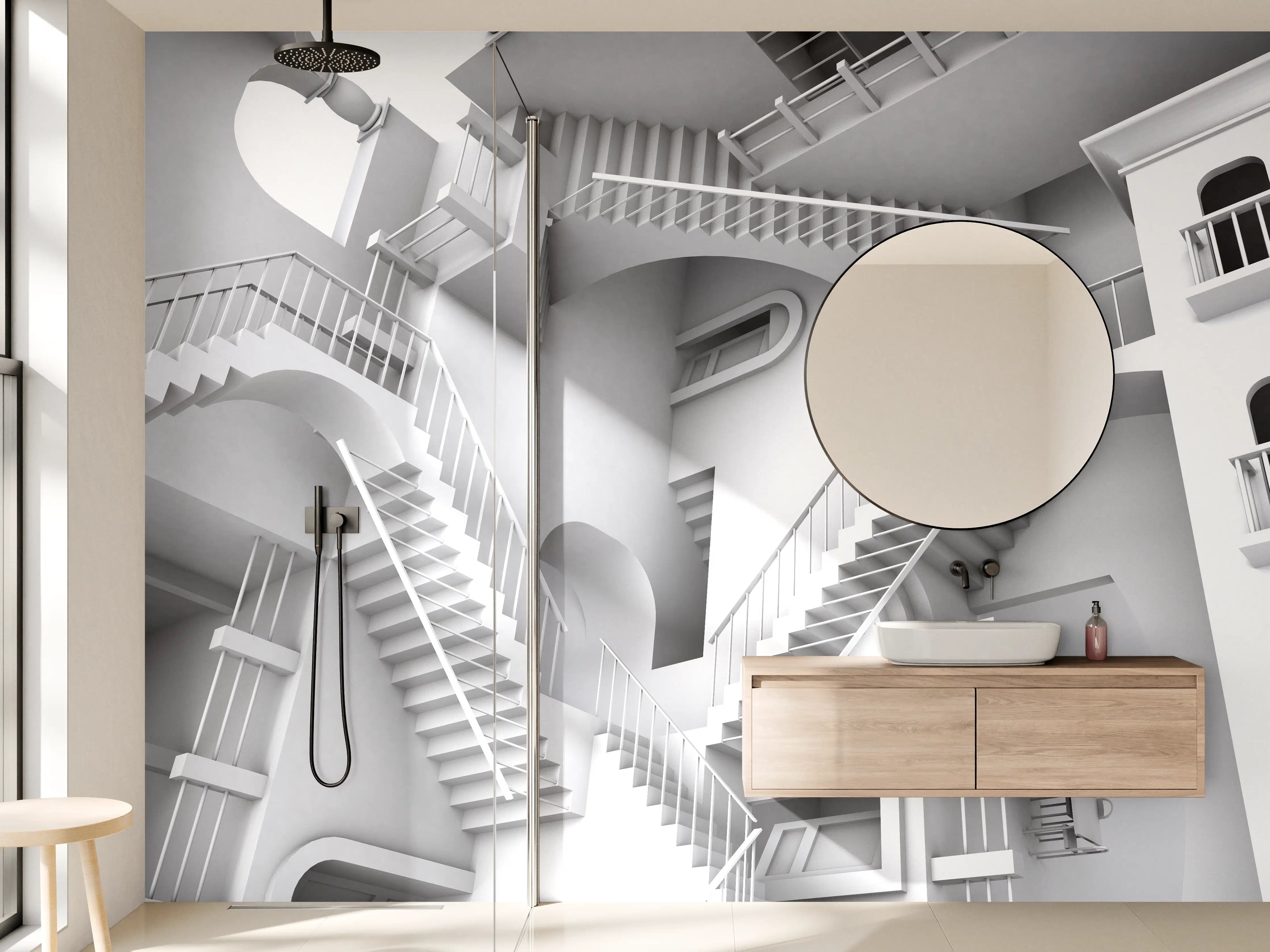Wandverkleidung Bad - 3D-Illustration einer von Escher inspirierten Treppe