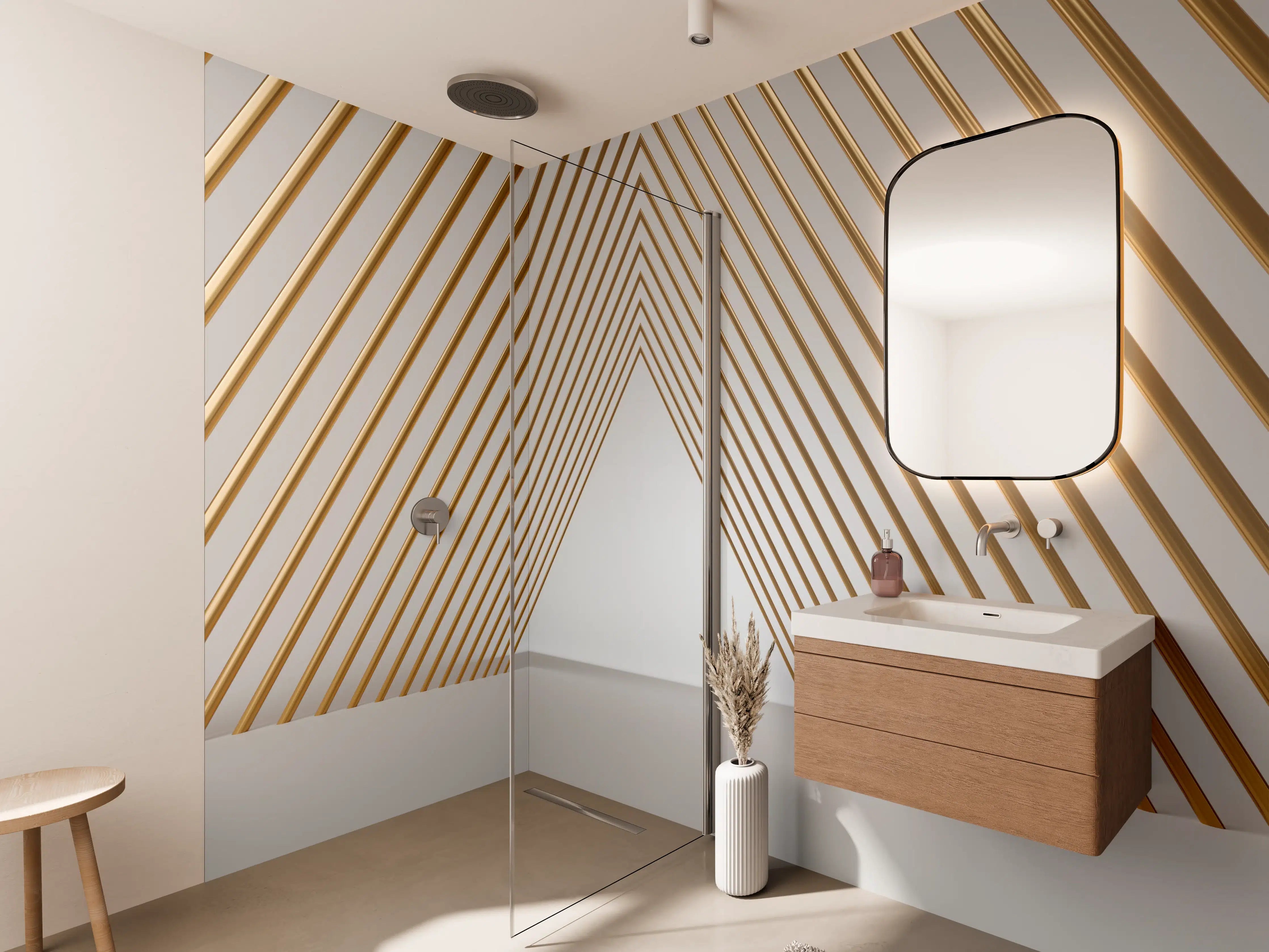 Wandverkleidung Bad - 3D-Tunnel aus goldenen stützen