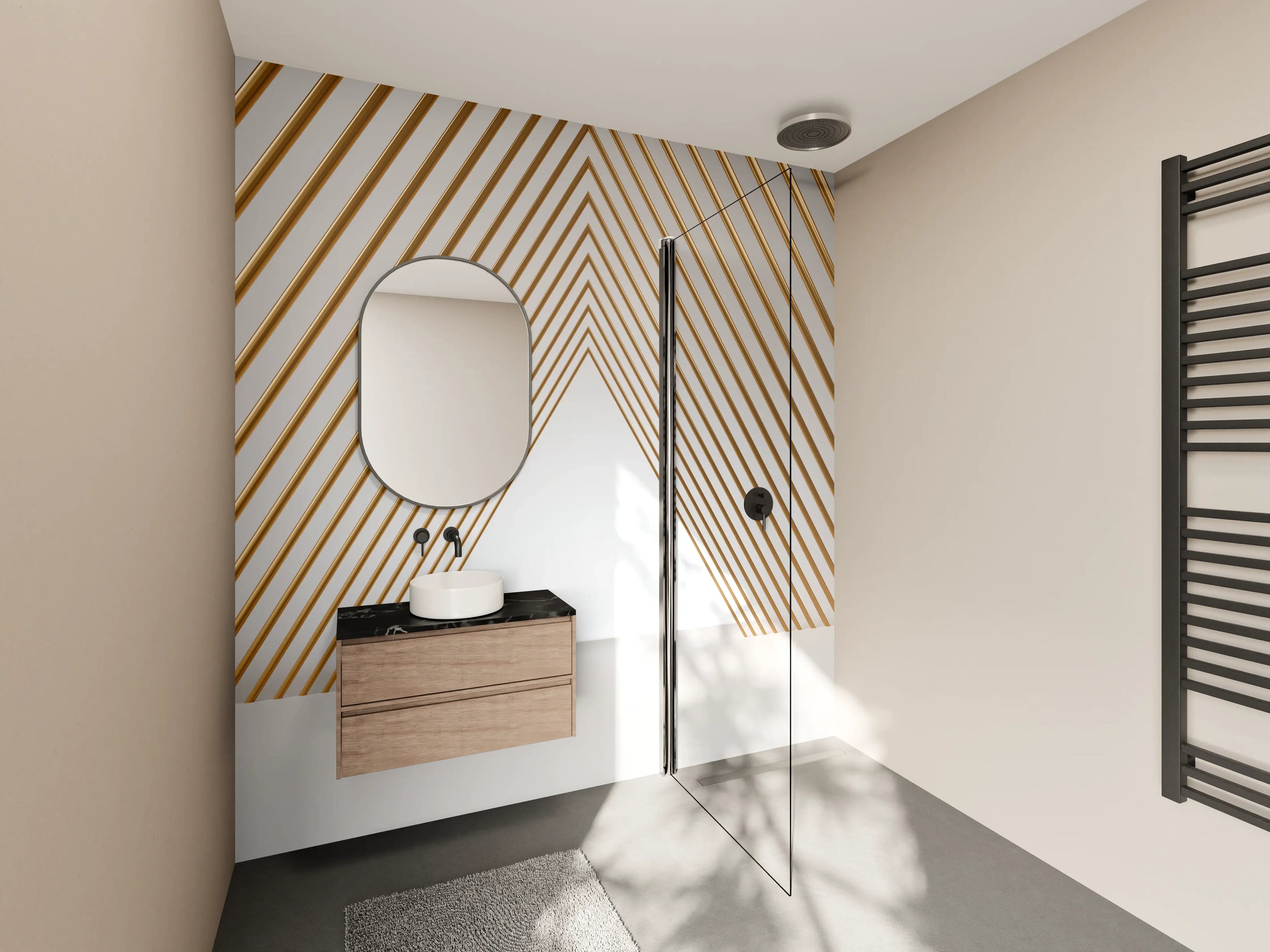 Wandverkleidung Bad - 3D-Tunnel aus goldenen stützen