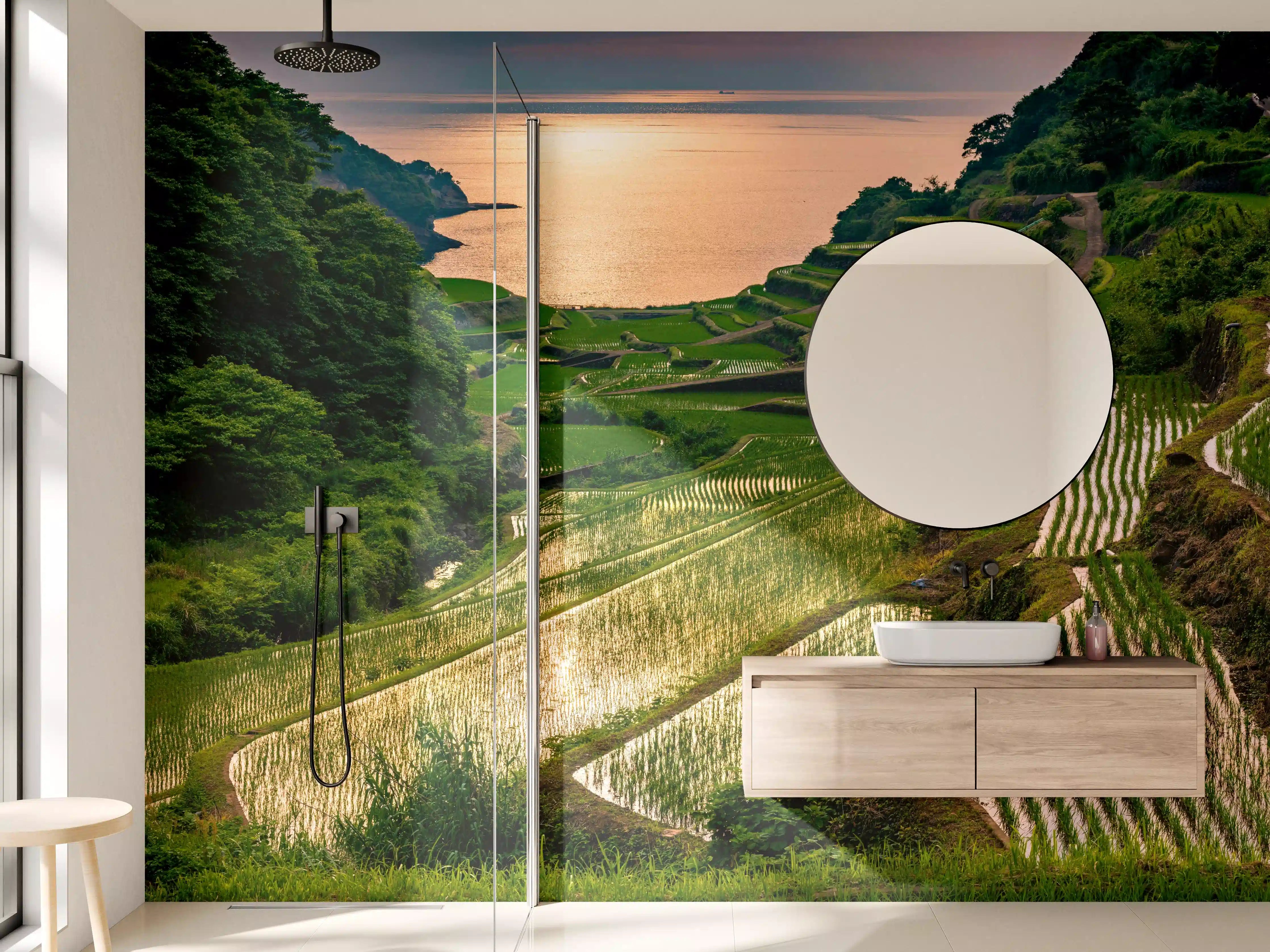 Wandverkleidung Bad - Abendlicher Blick japanische Berglandschaft
