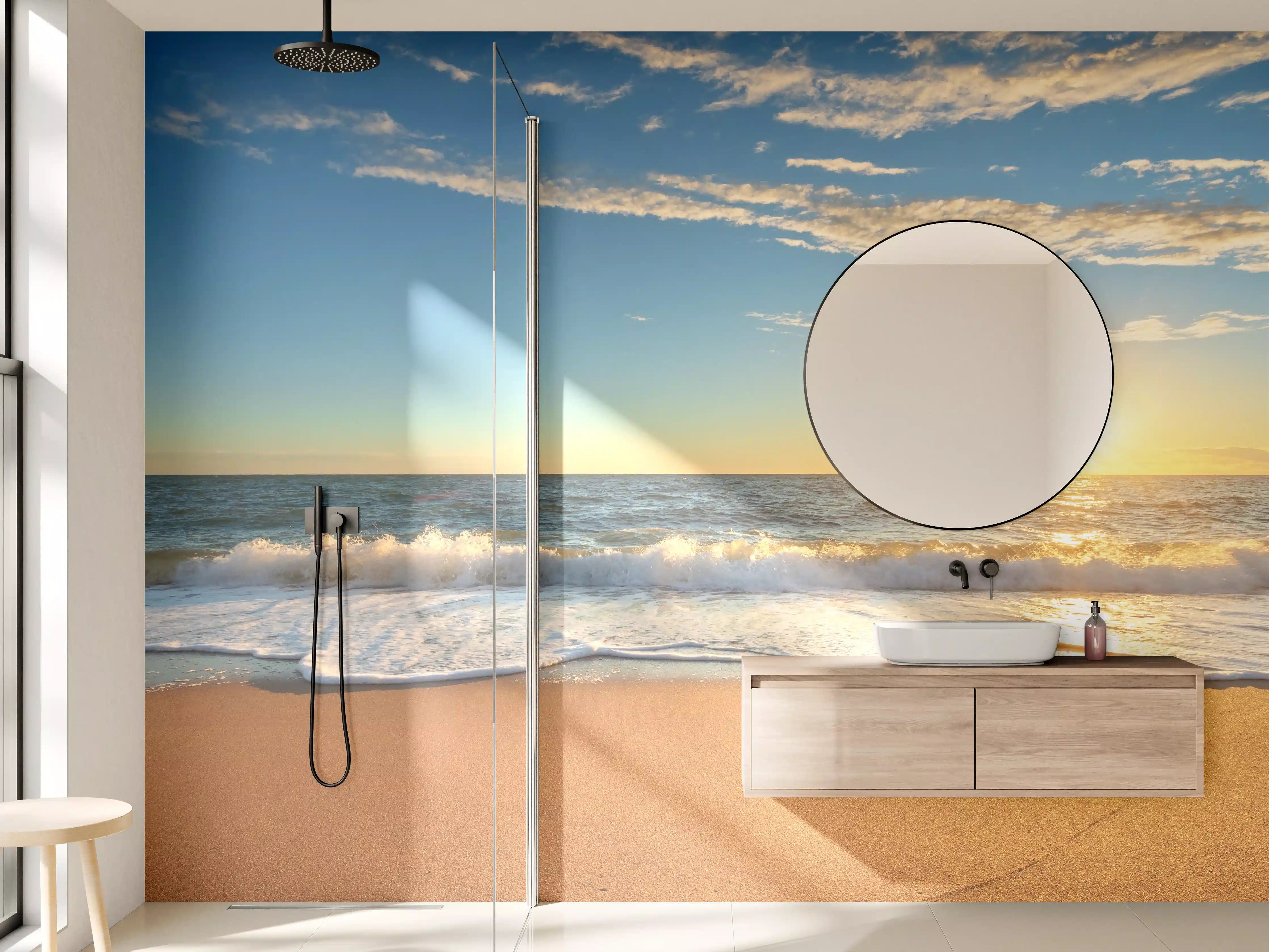 Wandverkleidung Bad - Abendlicht am grauen Strand