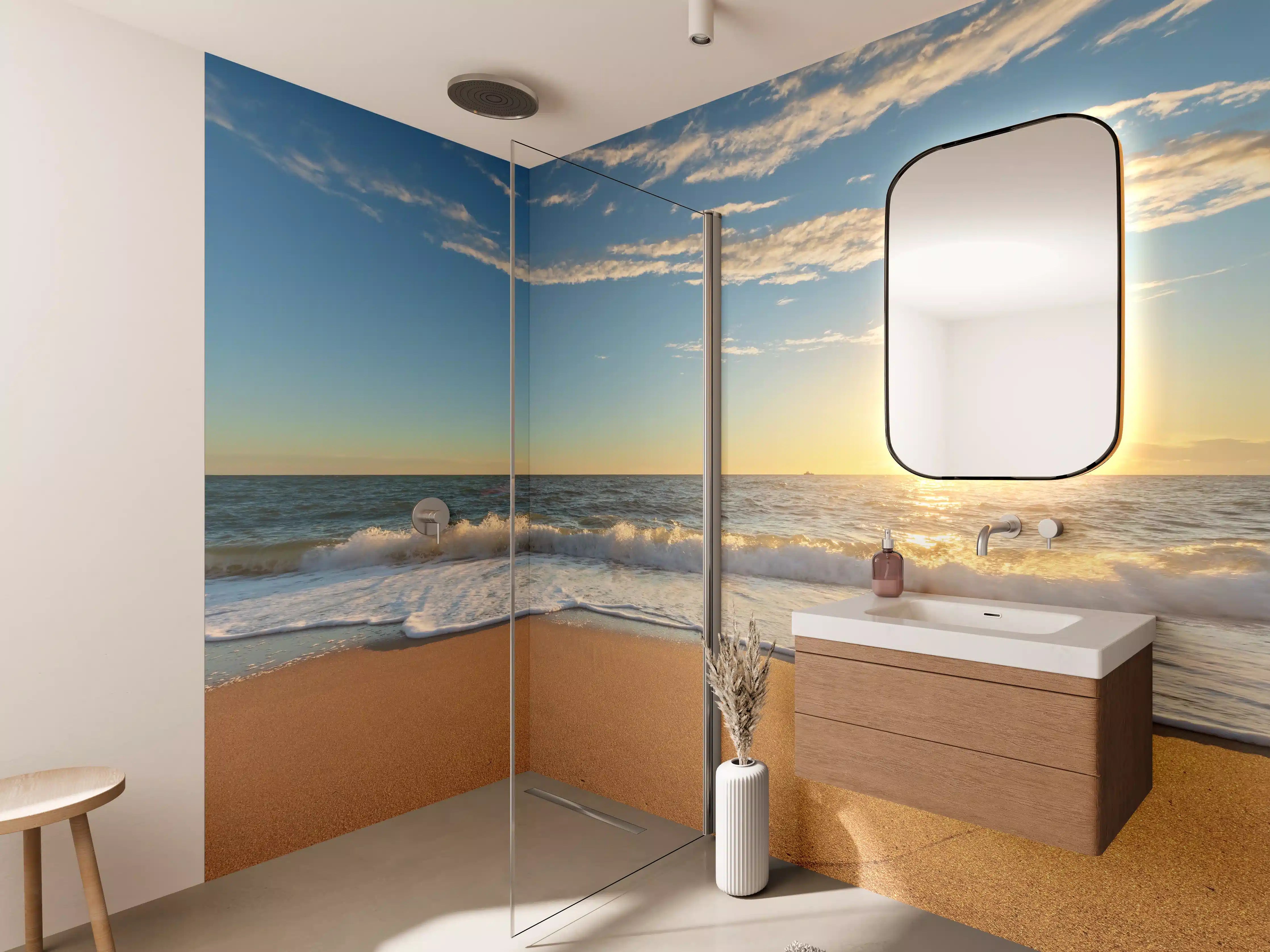 Wandverkleidung Bad - Abendlicht am grauen Strand