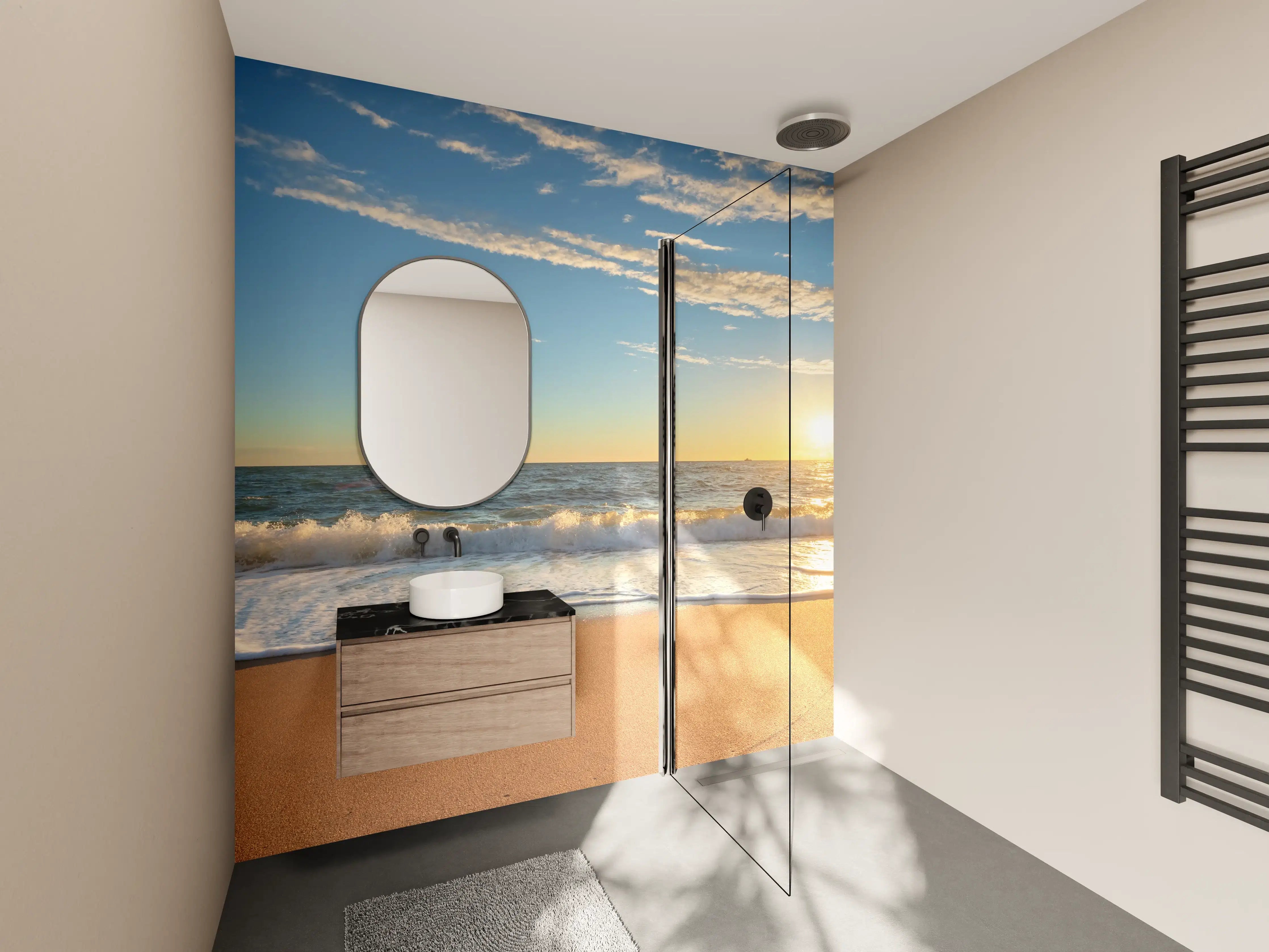 Wandverkleidung Bad - Abendlicht am grauen Strand