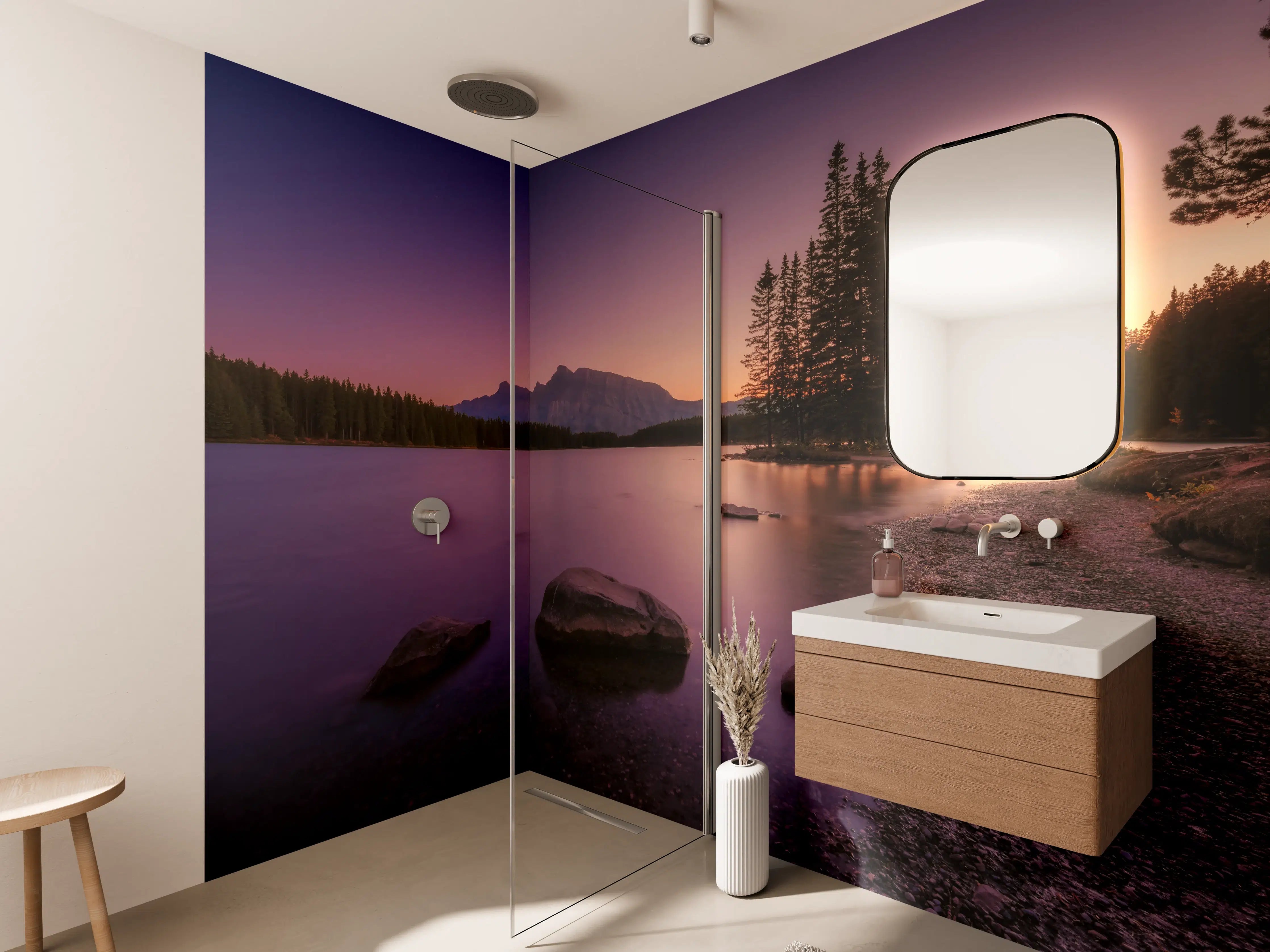 Wandverkleidung Bad - Abendstimmung an ruhigem See mit Bergen