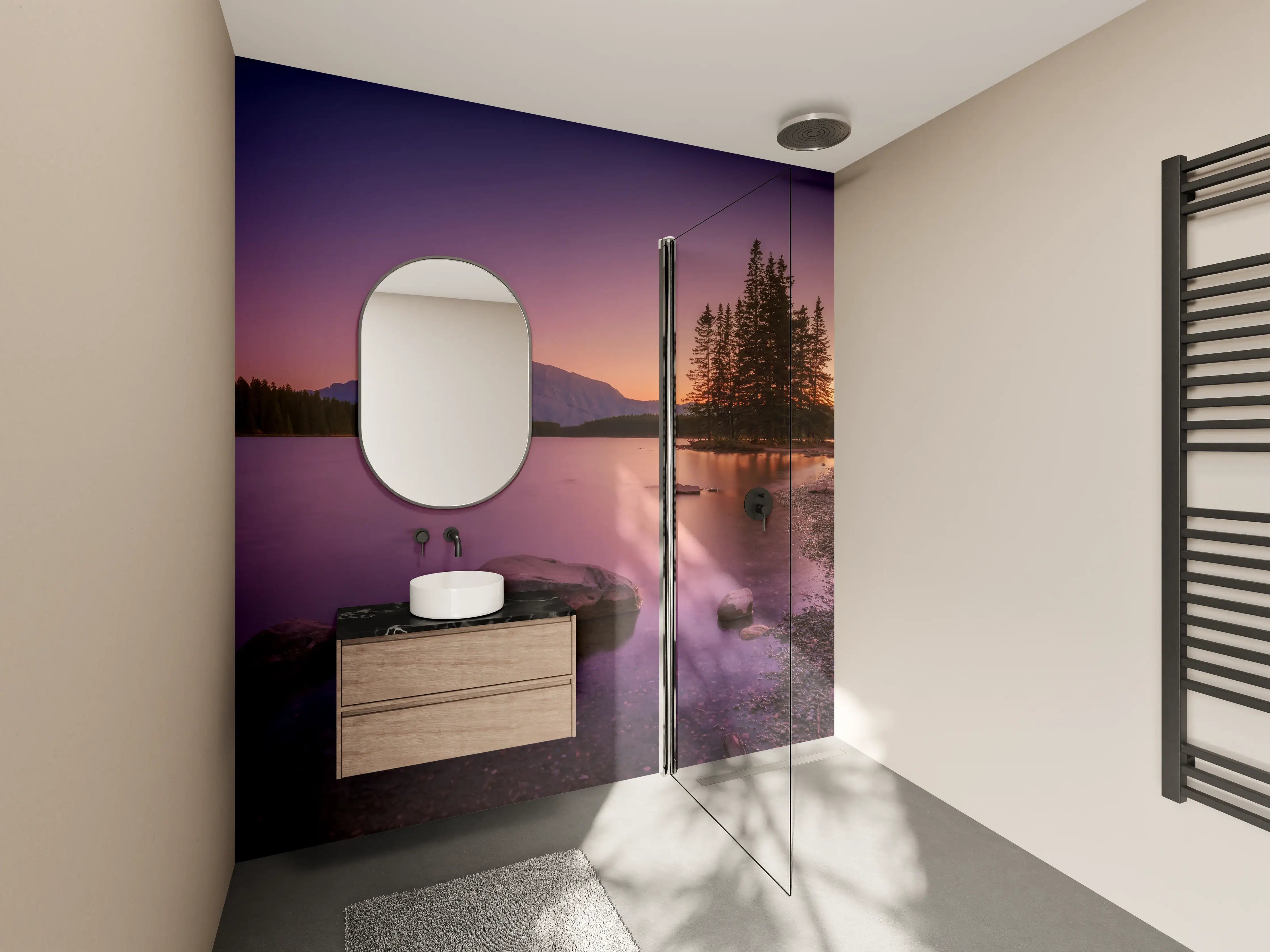 Wandverkleidung Bad - Abendstimmung an ruhigem See mit Bergen