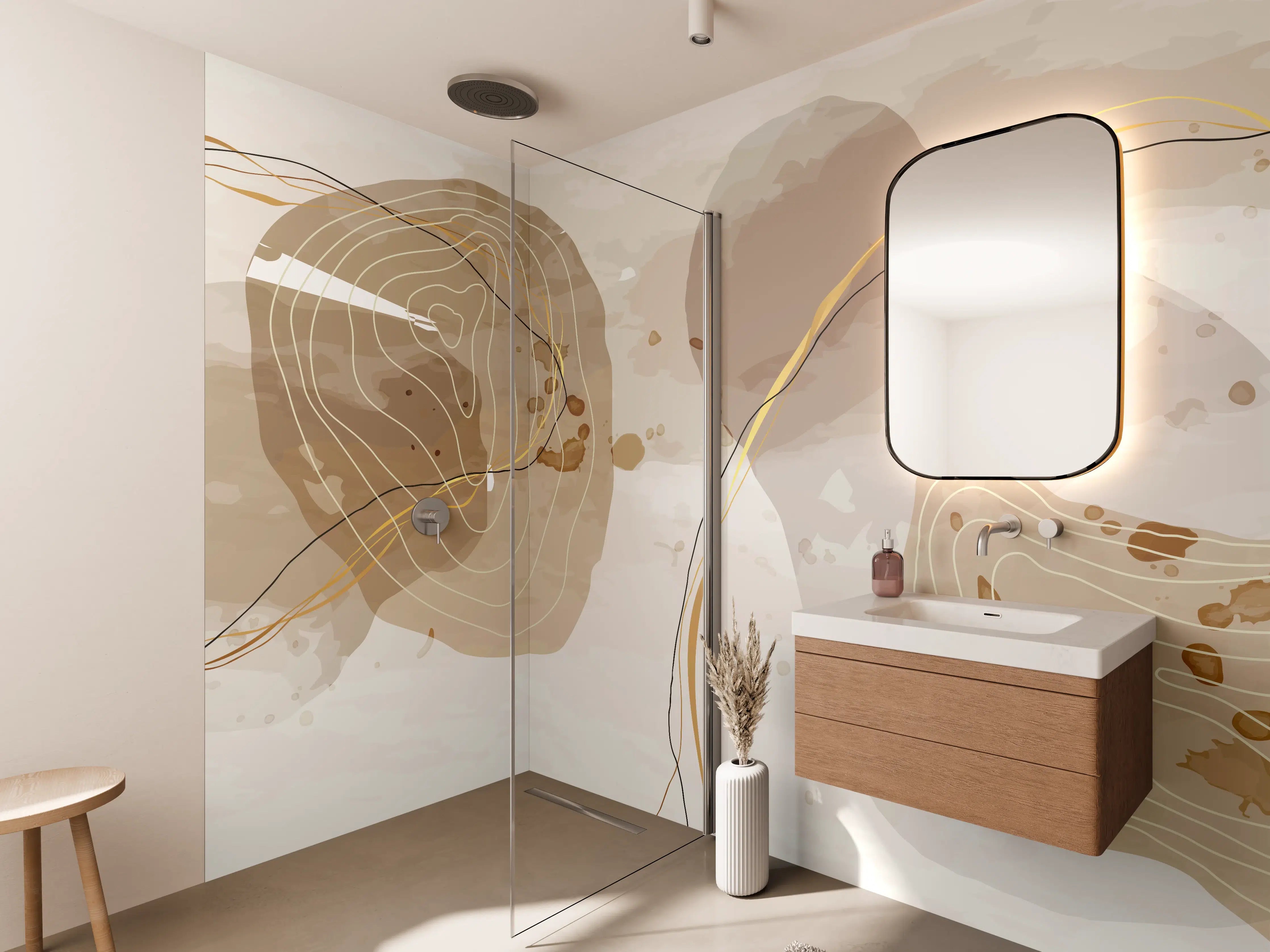 Wandverkleidung Bad - Abstrakte Beige-Braune Linienkunst