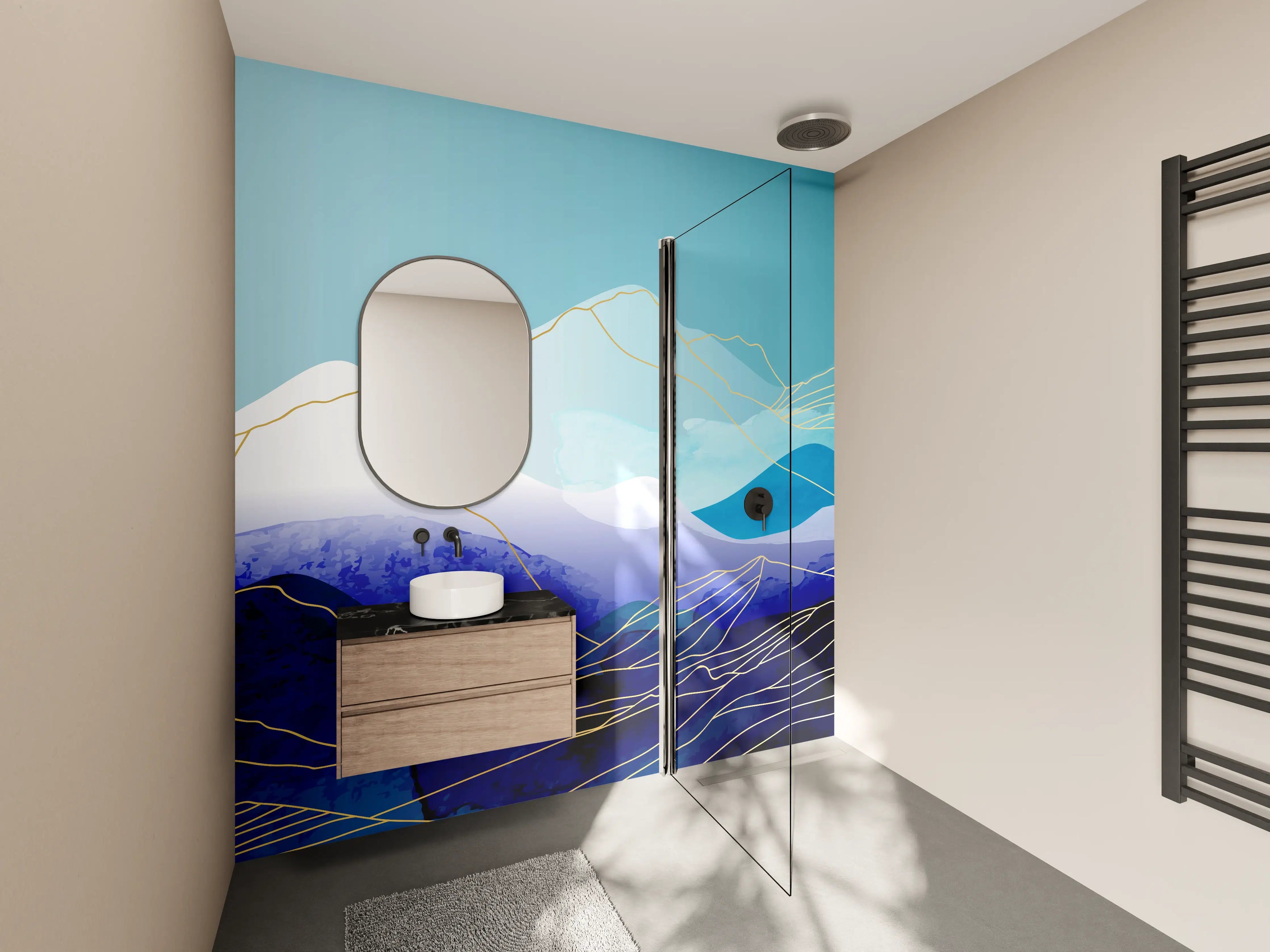Wandverkleidung Bad - Abstrakte Berglandschaft in Blautönen
