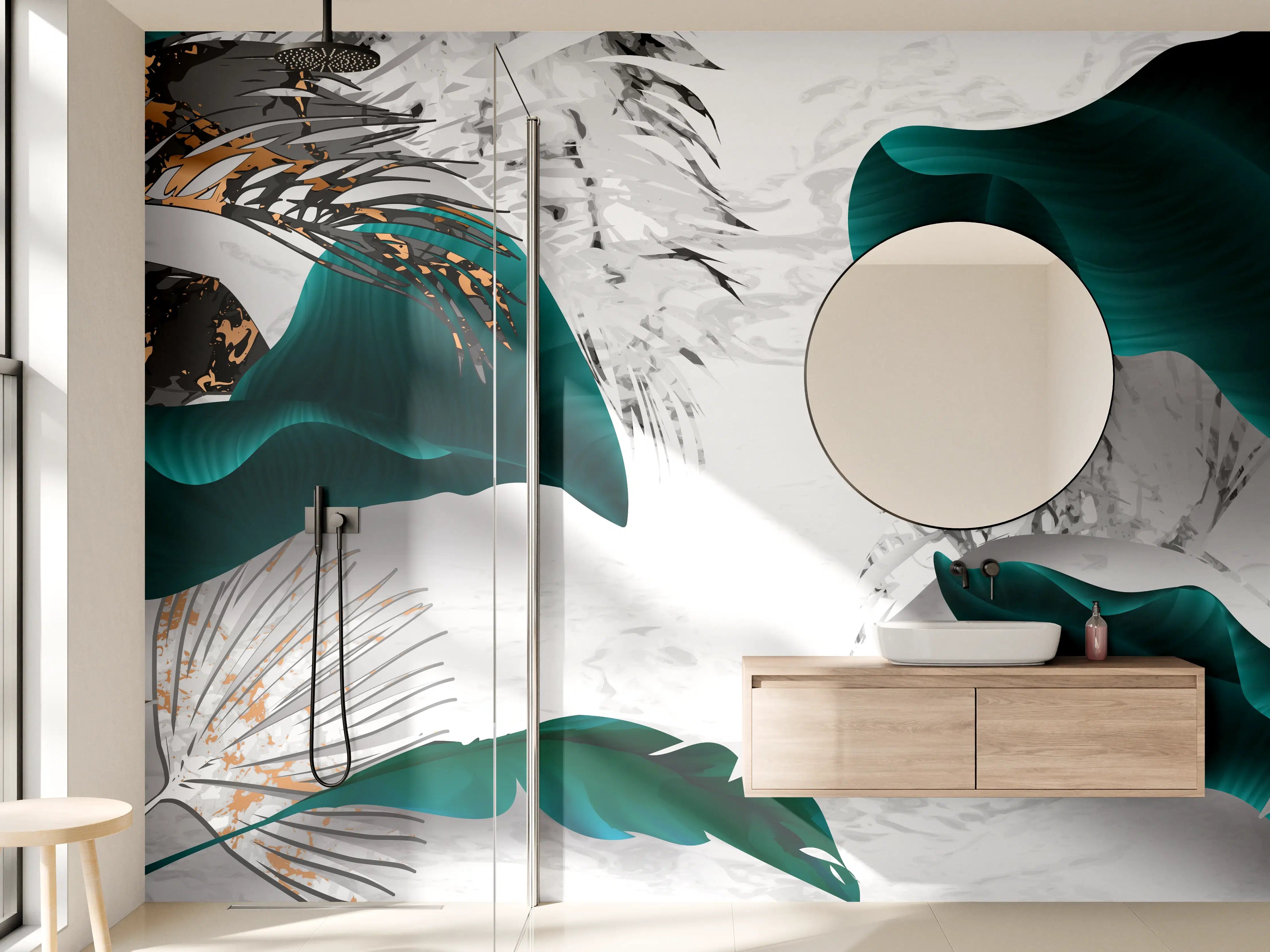 Wandverkleidung Bad - Abstrakte Blatt Gold Grau Kunst