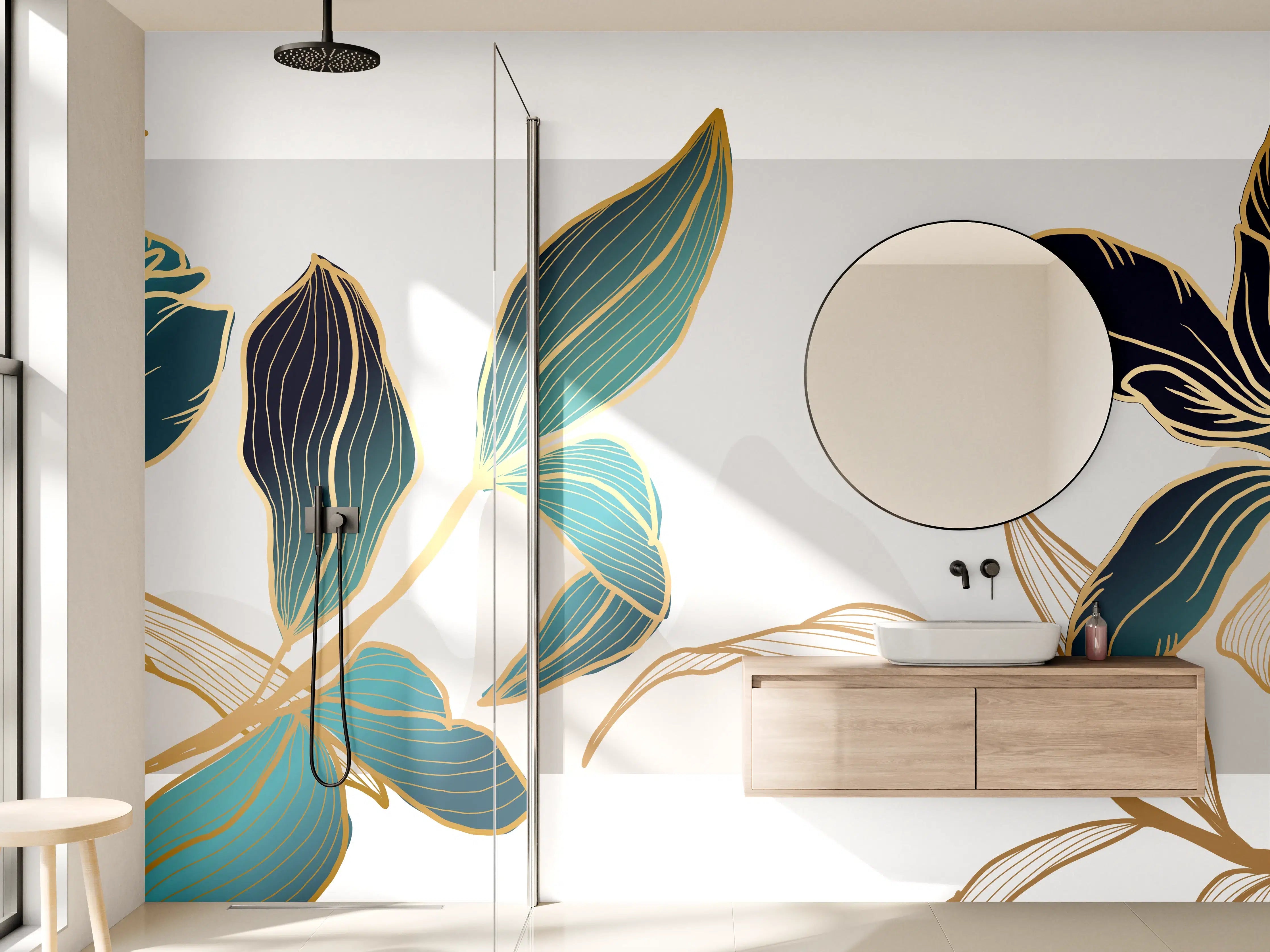 Wandverkleidung Bad - Abstrakte Blumen Gold-Blau Illustration