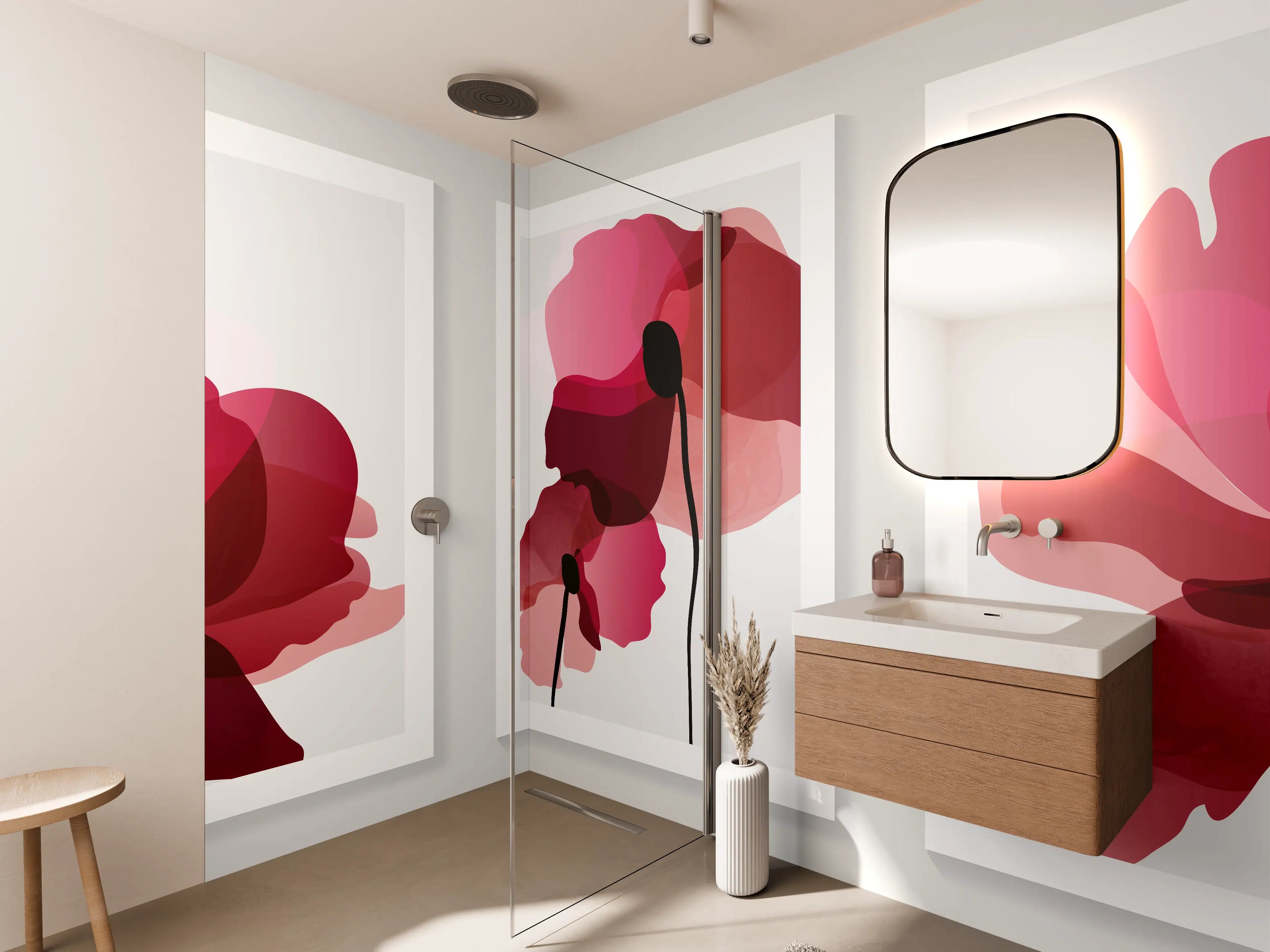 Wandverkleidung Bad - Abstrakte Blumen Triptychon Rot