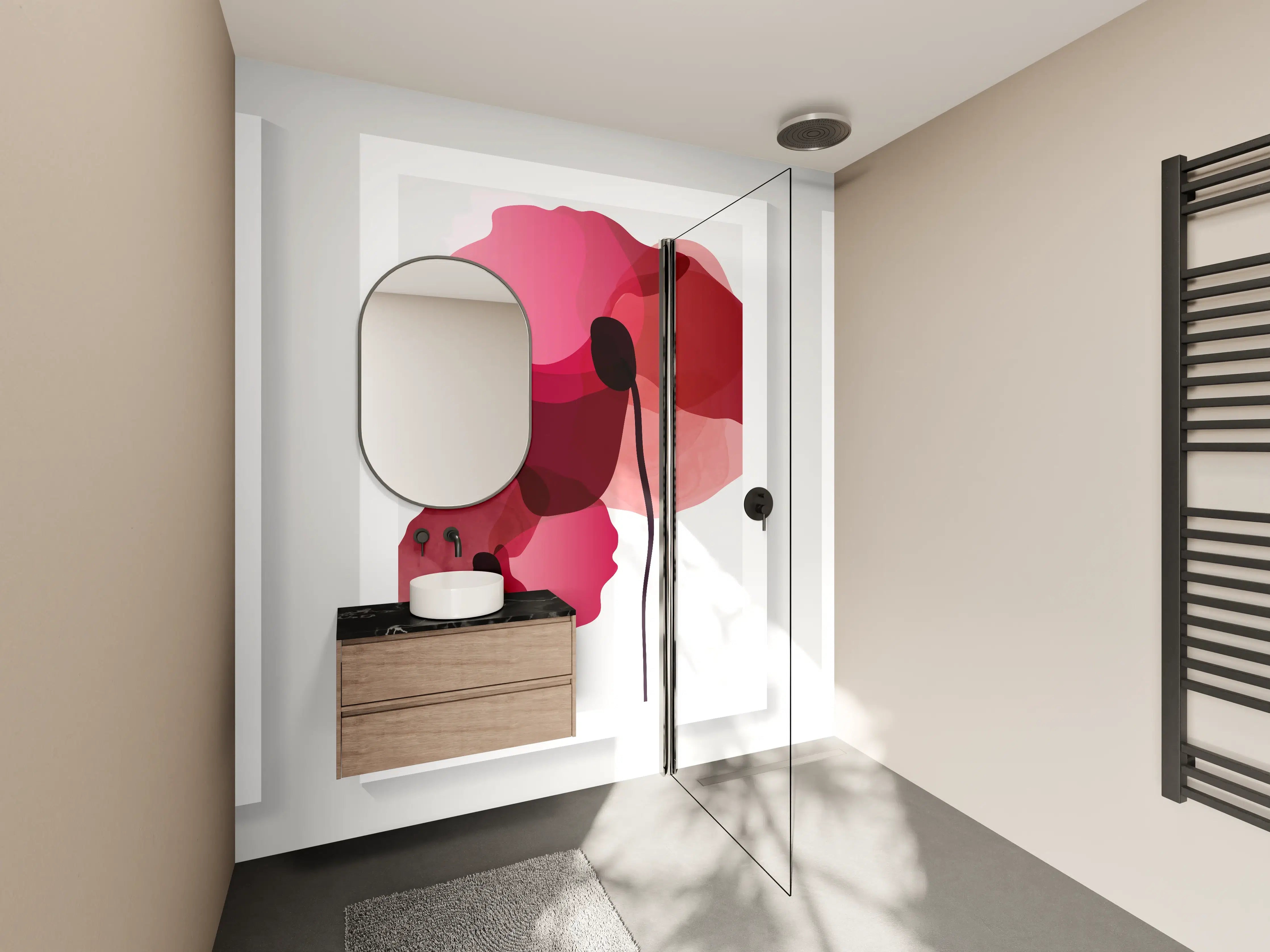 Wandverkleidung Bad - Abstrakte Blumen Triptychon Rot