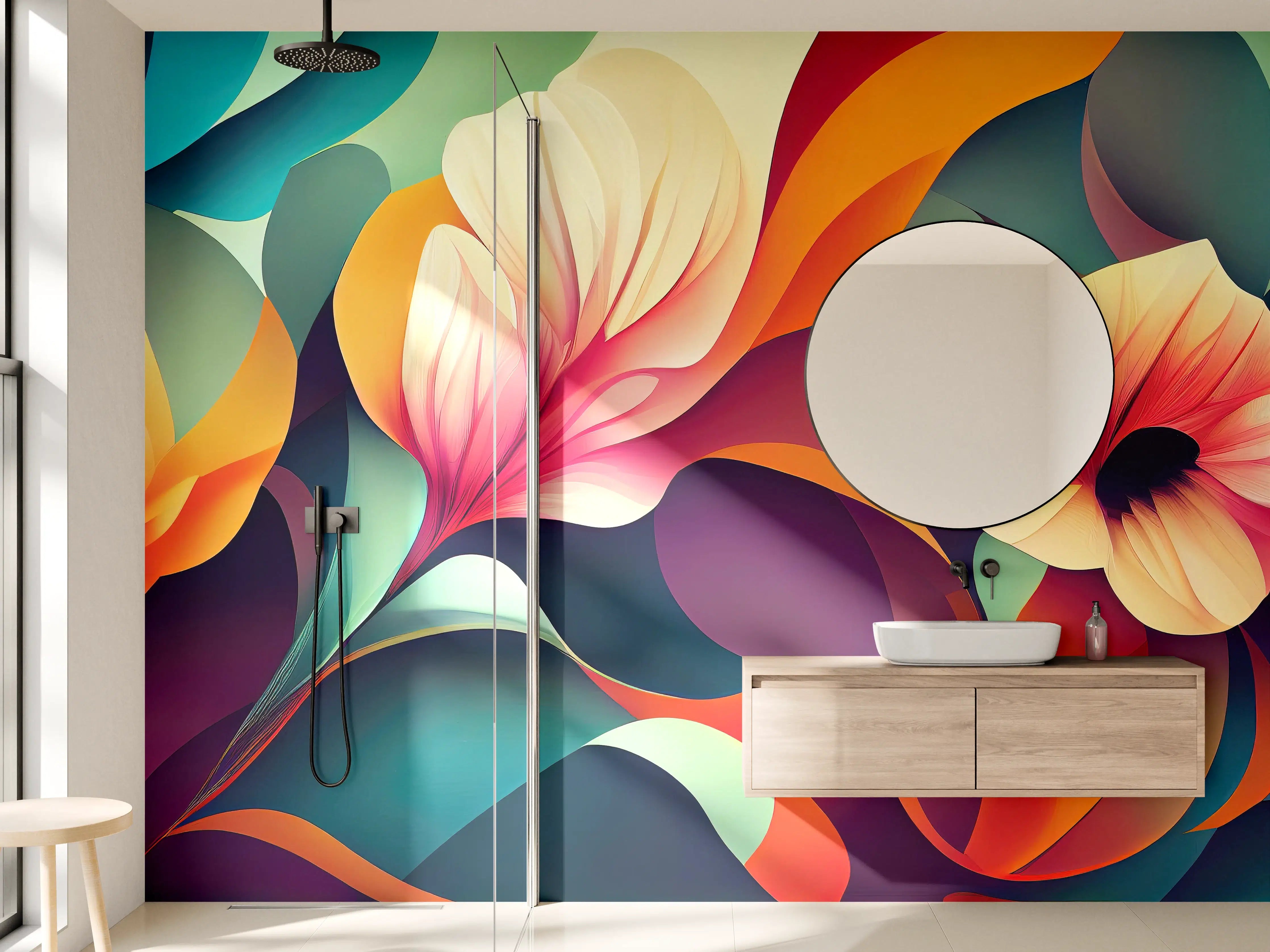 Wandverkleidung Bad - Abstrakte Blumenwelten in warmen Orangetönen