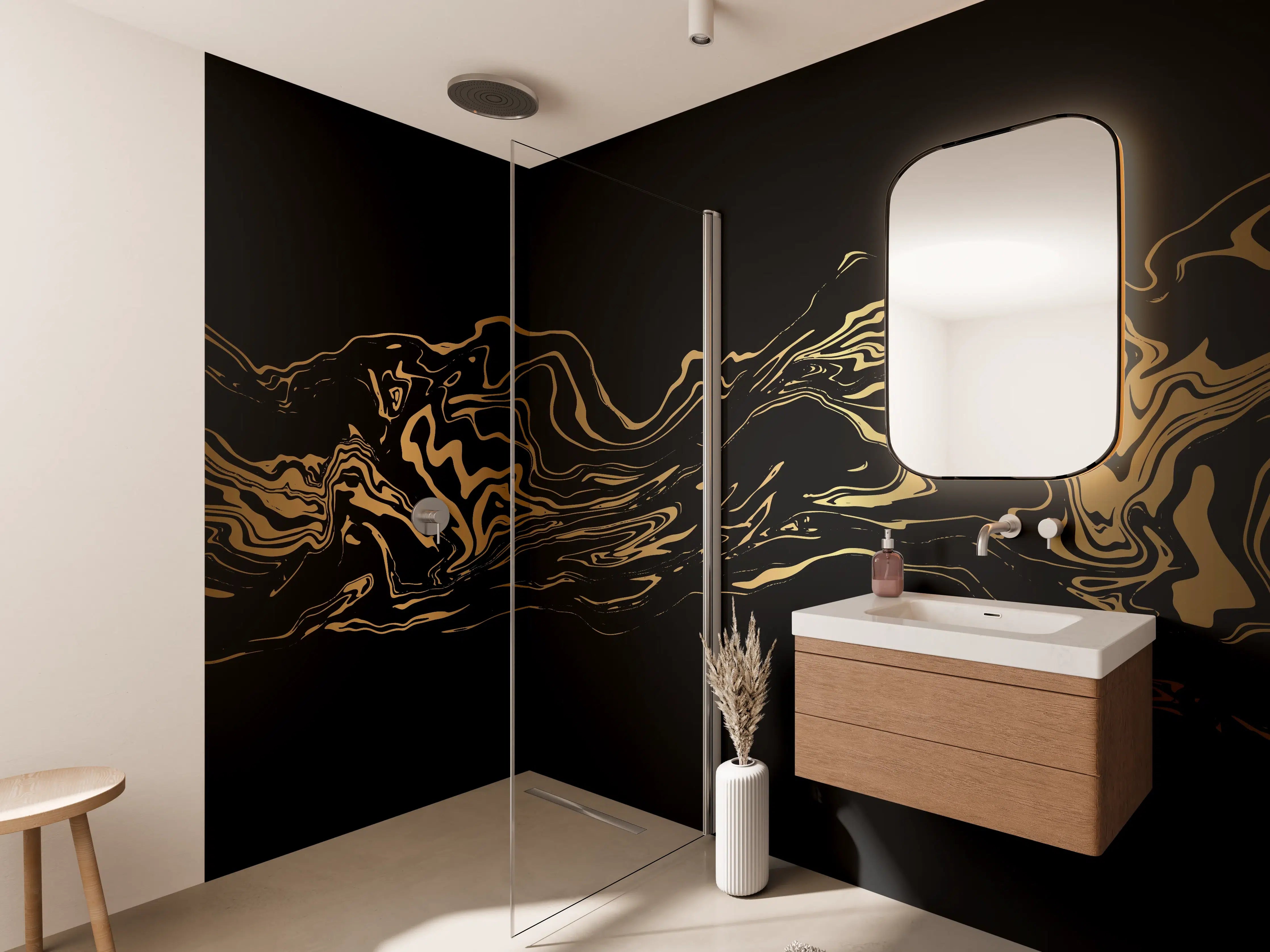 Wandverkleidung Bad - Abstrakte Gold-Schwarz Kunst