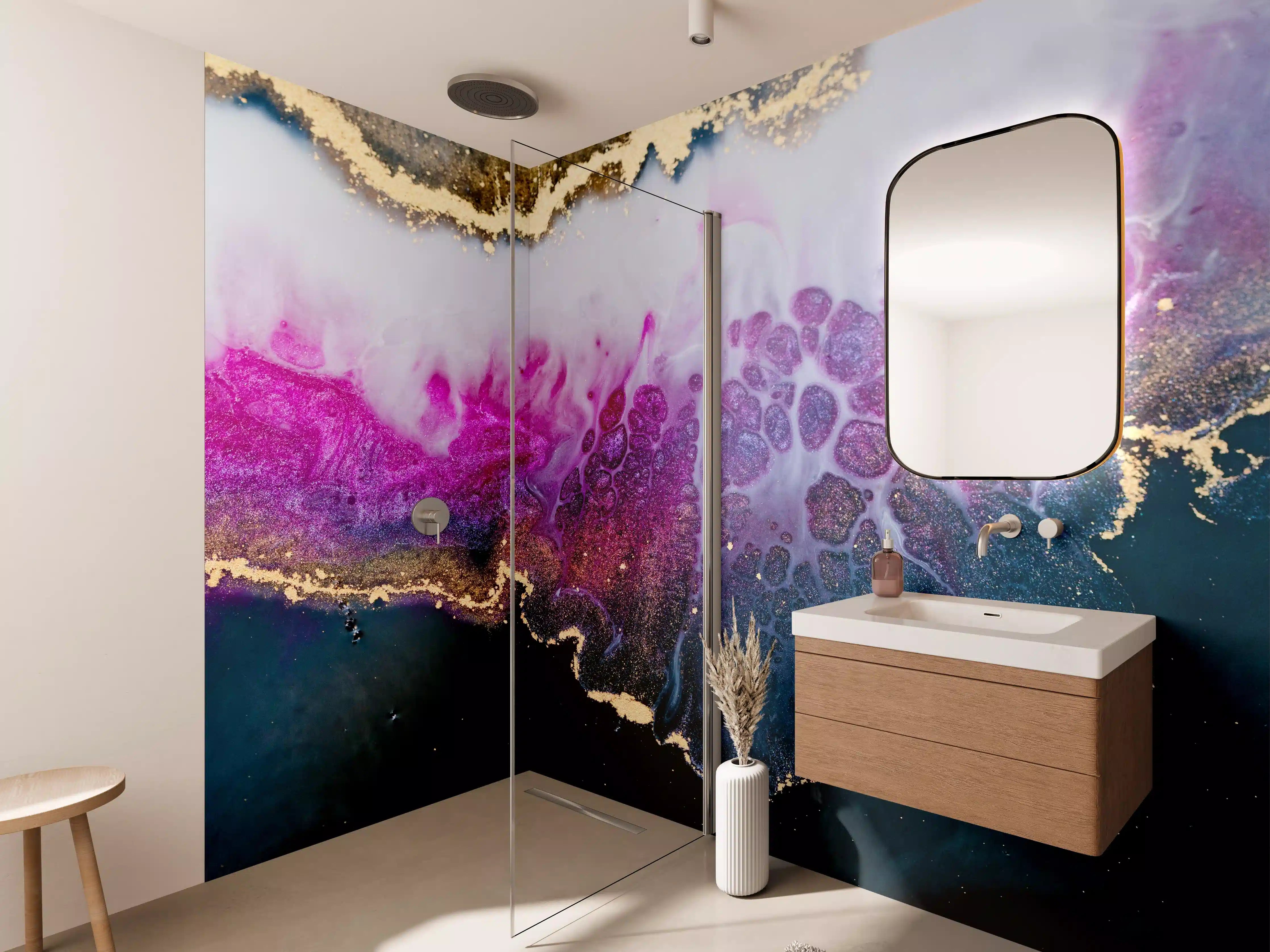 Wandverkleidung Bad - Abstrakte Kunst in Lila-Gold