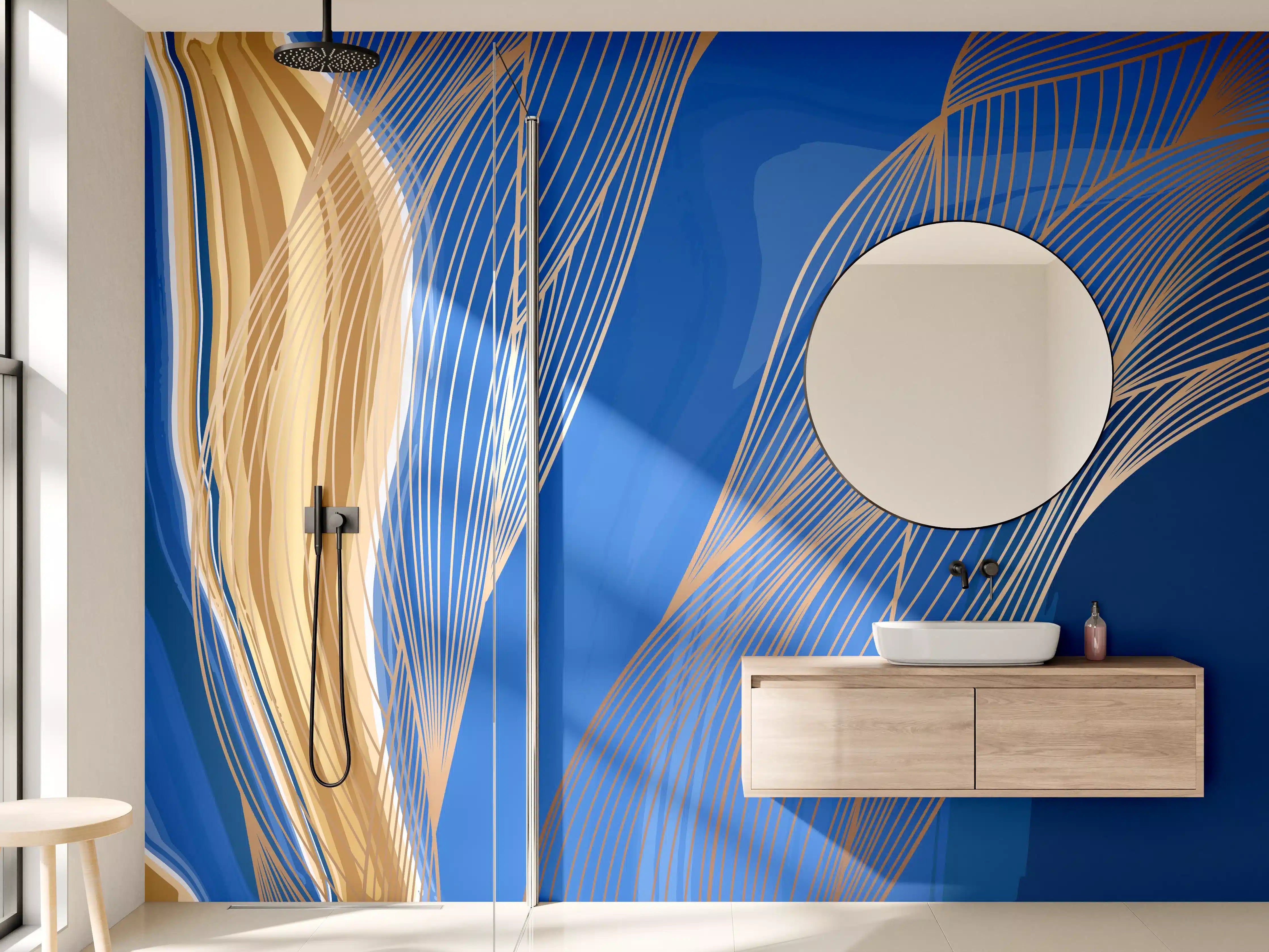 Wandverkleidung Bad - Abstrakte Linienkunst in Blau-Gold