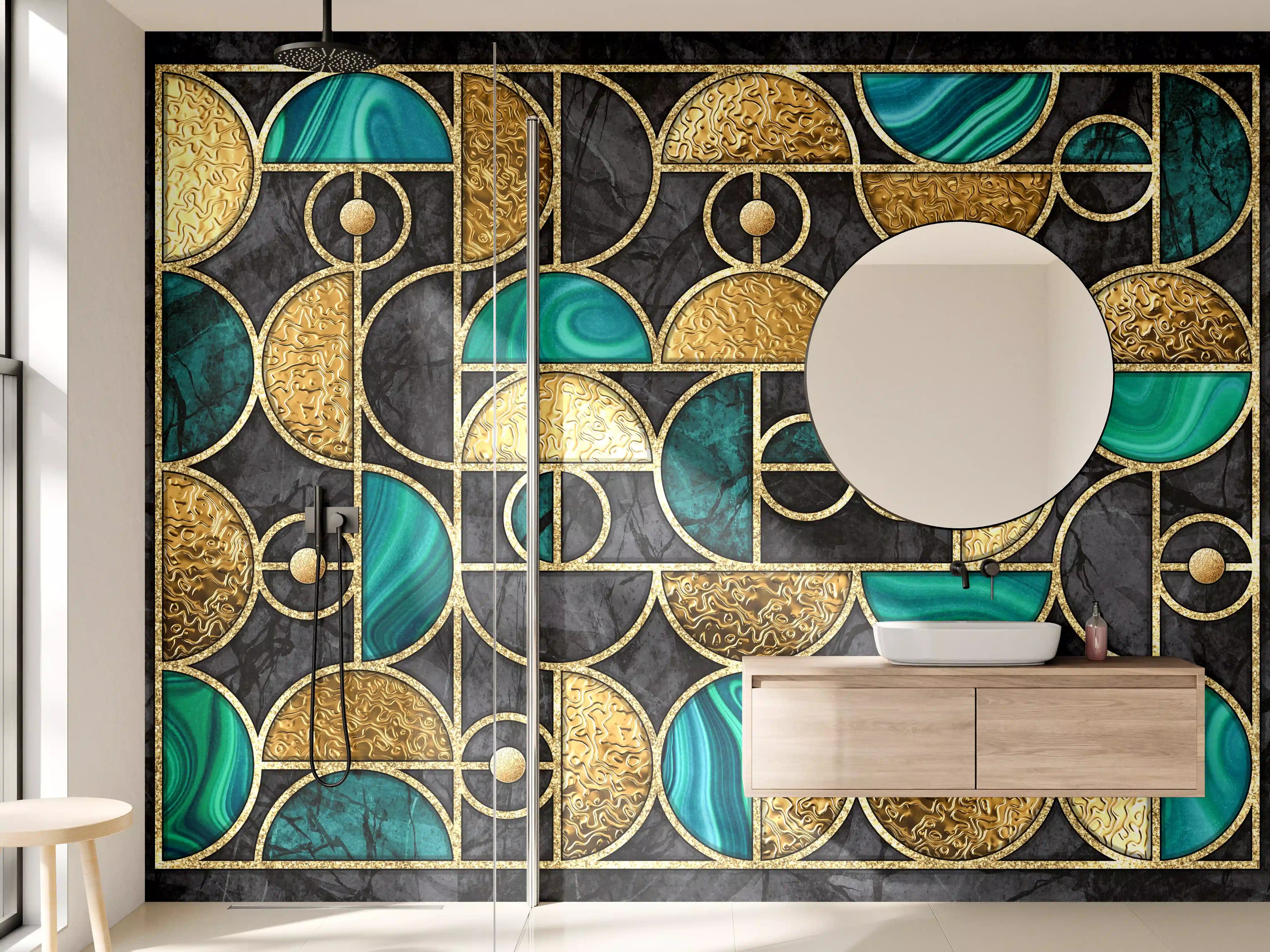 Wandverkleidung Bad - Abstrakter Gold-Schwarz-Grün Mosaik