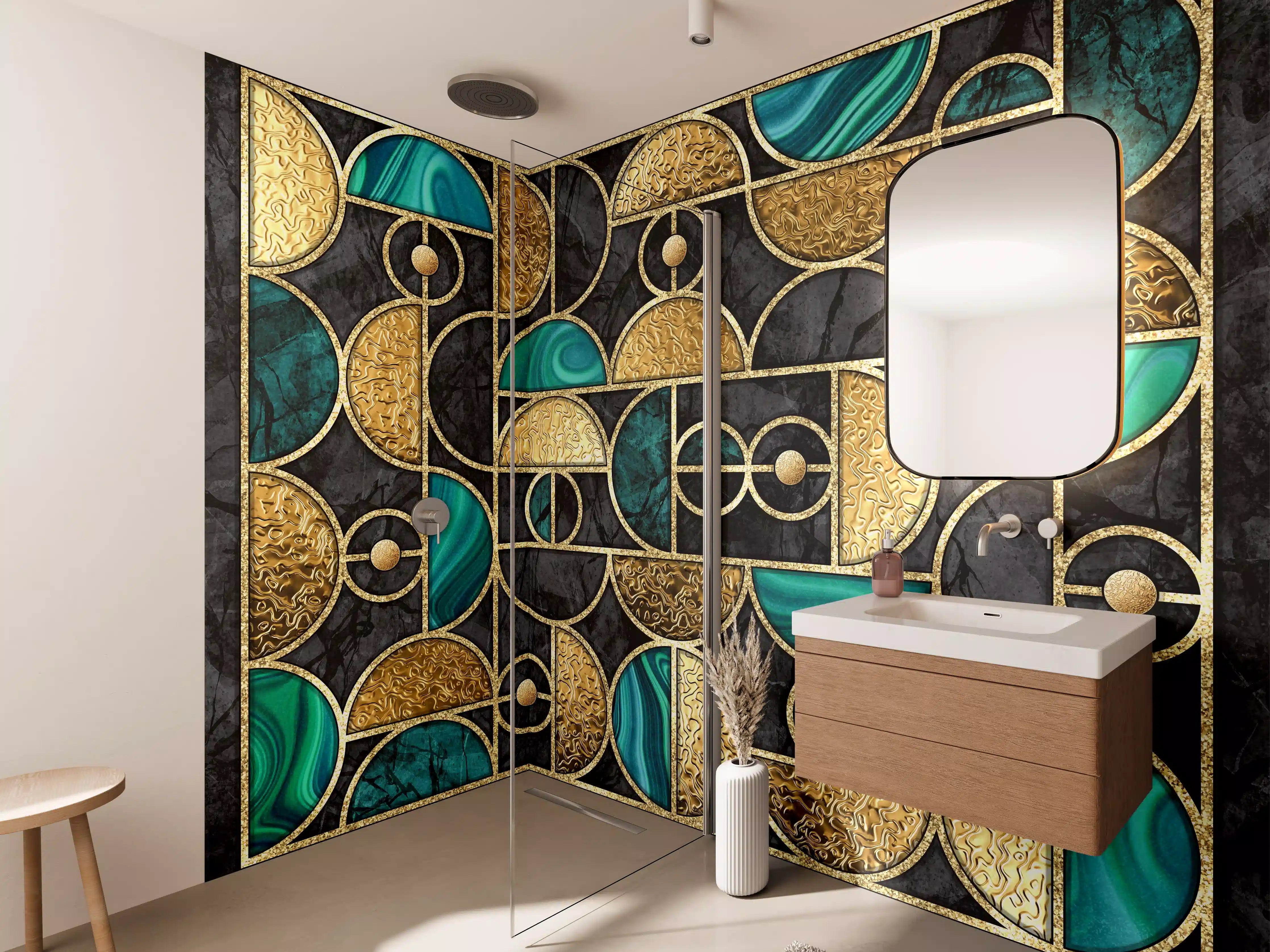 Wandverkleidung Bad - Abstrakter Gold-Schwarz-Grün Mosaik