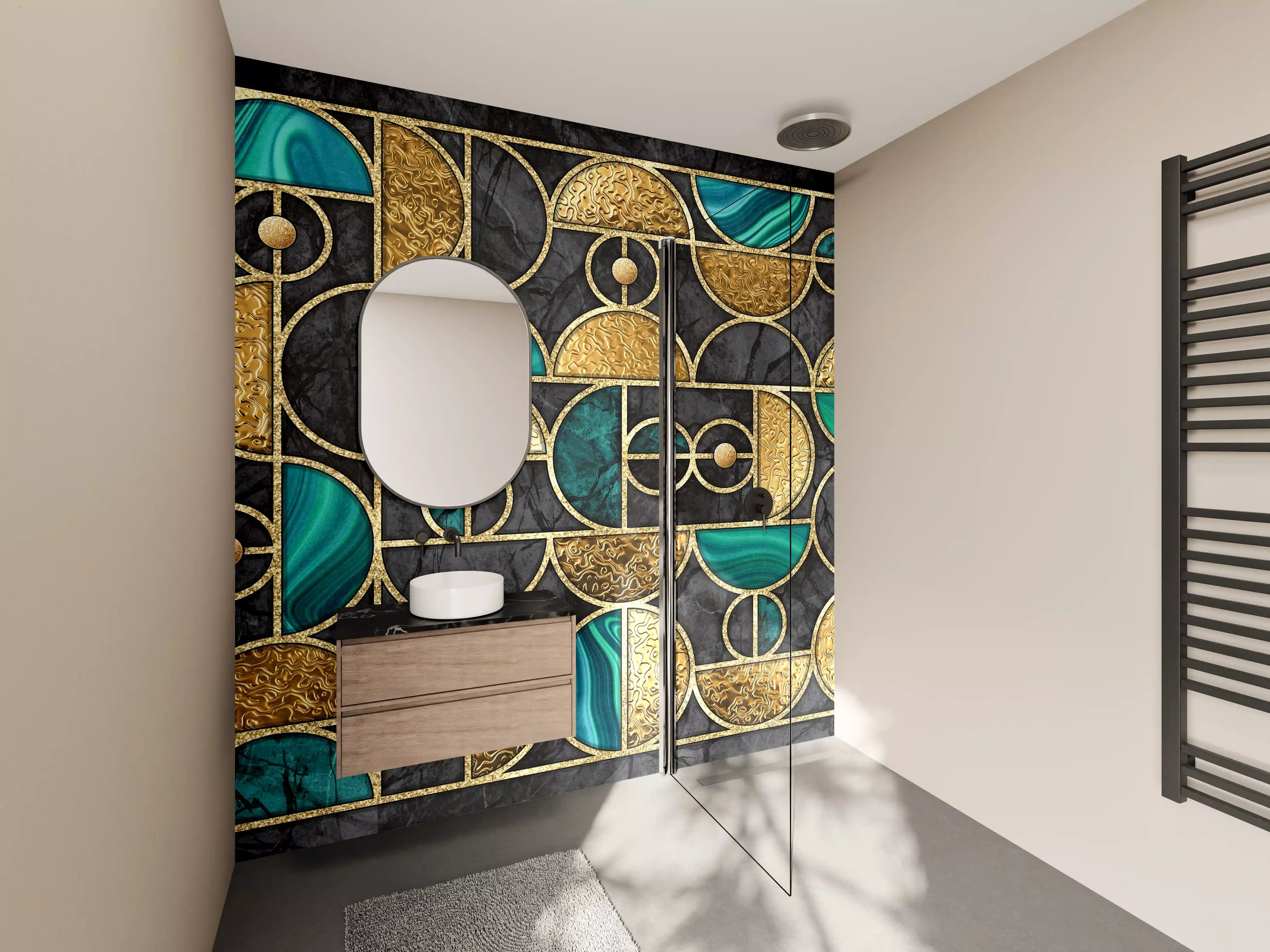Wandverkleidung Bad - Abstrakter Gold-Schwarz-Grün Mosaik