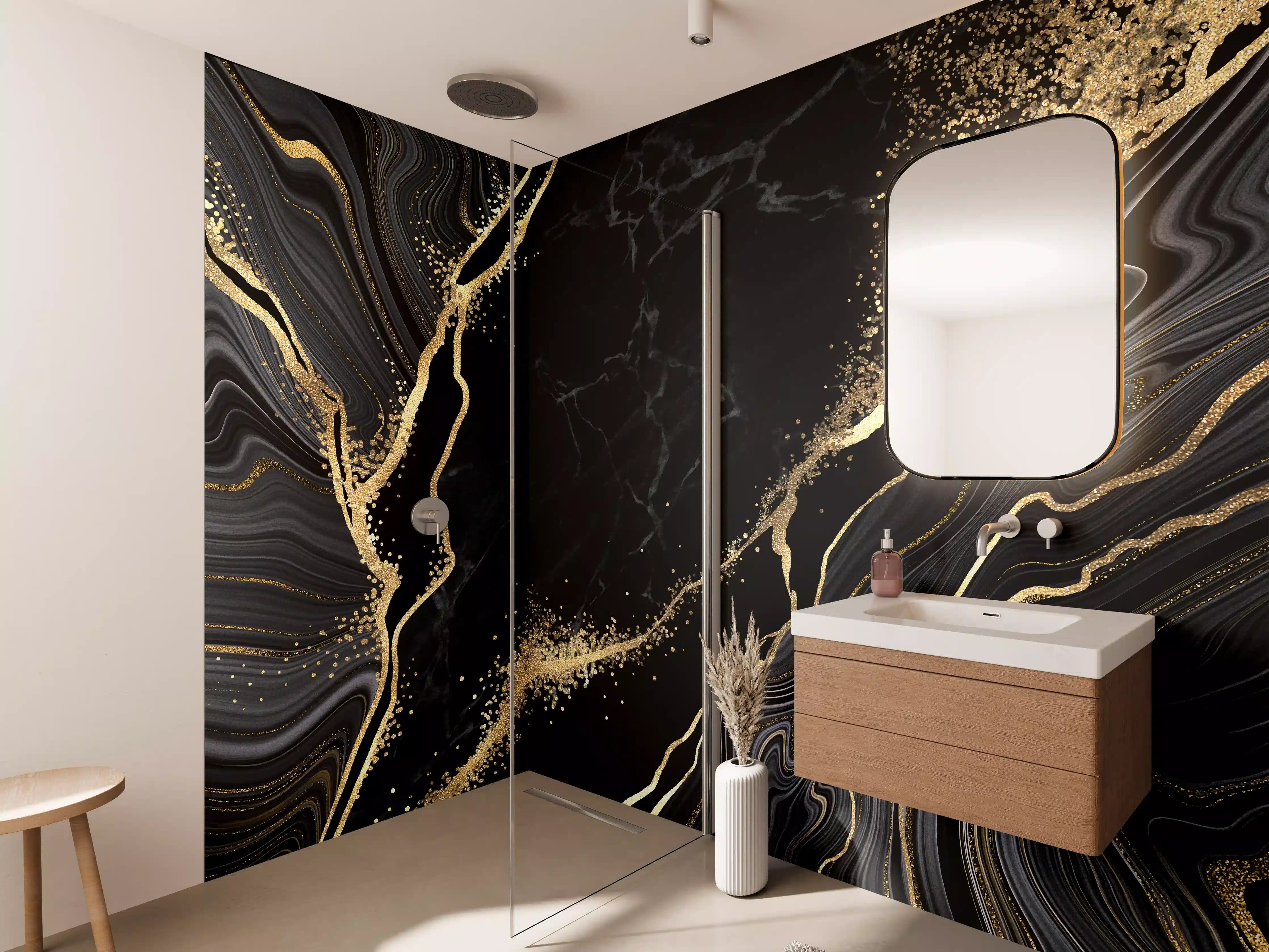 Wandverkleidung Bad - Abstrakter schwarzer Marmor mit goldenen Adern