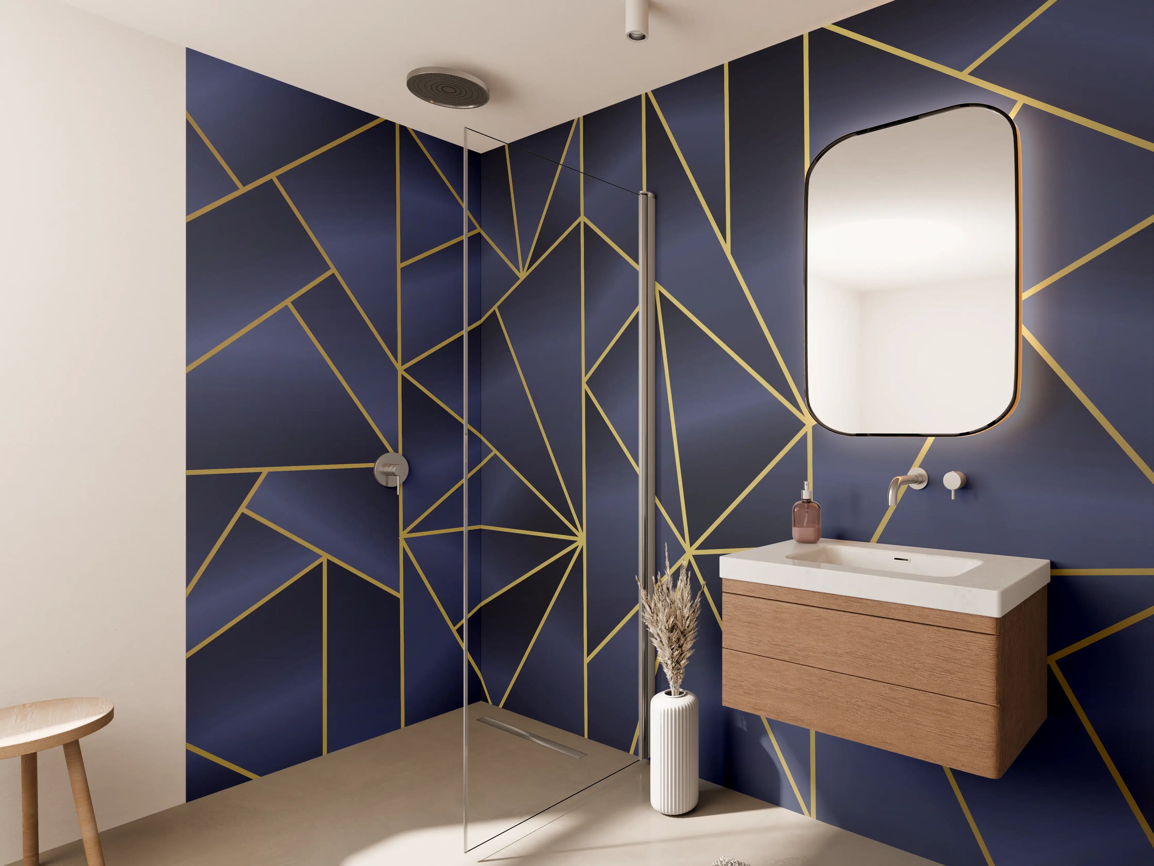 Wandverkleidung Bad - Abstraktes Blau-Gold Muster