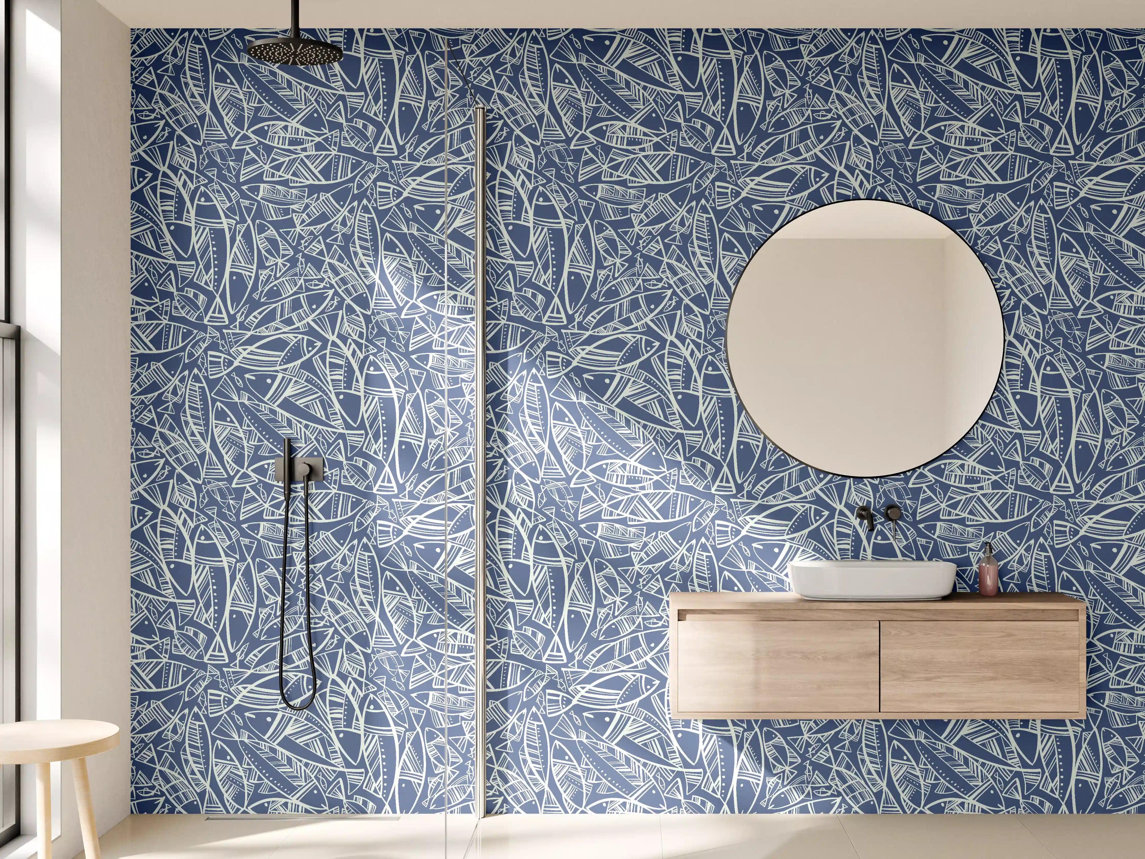 Wandverkleidung Bad - Abstraktes Fischmuster Blau