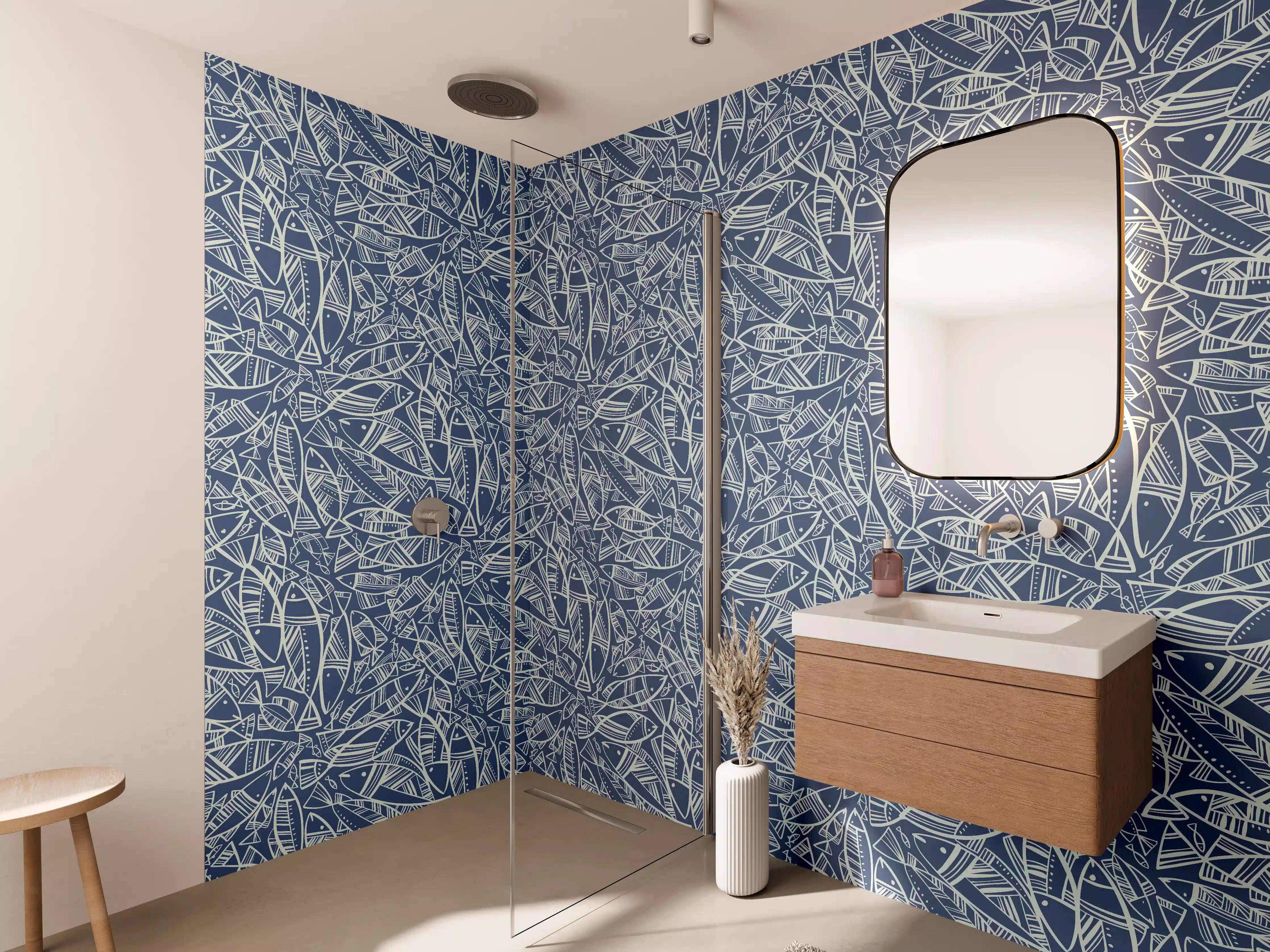 Wandverkleidung Bad - Abstraktes Fischmuster Blau