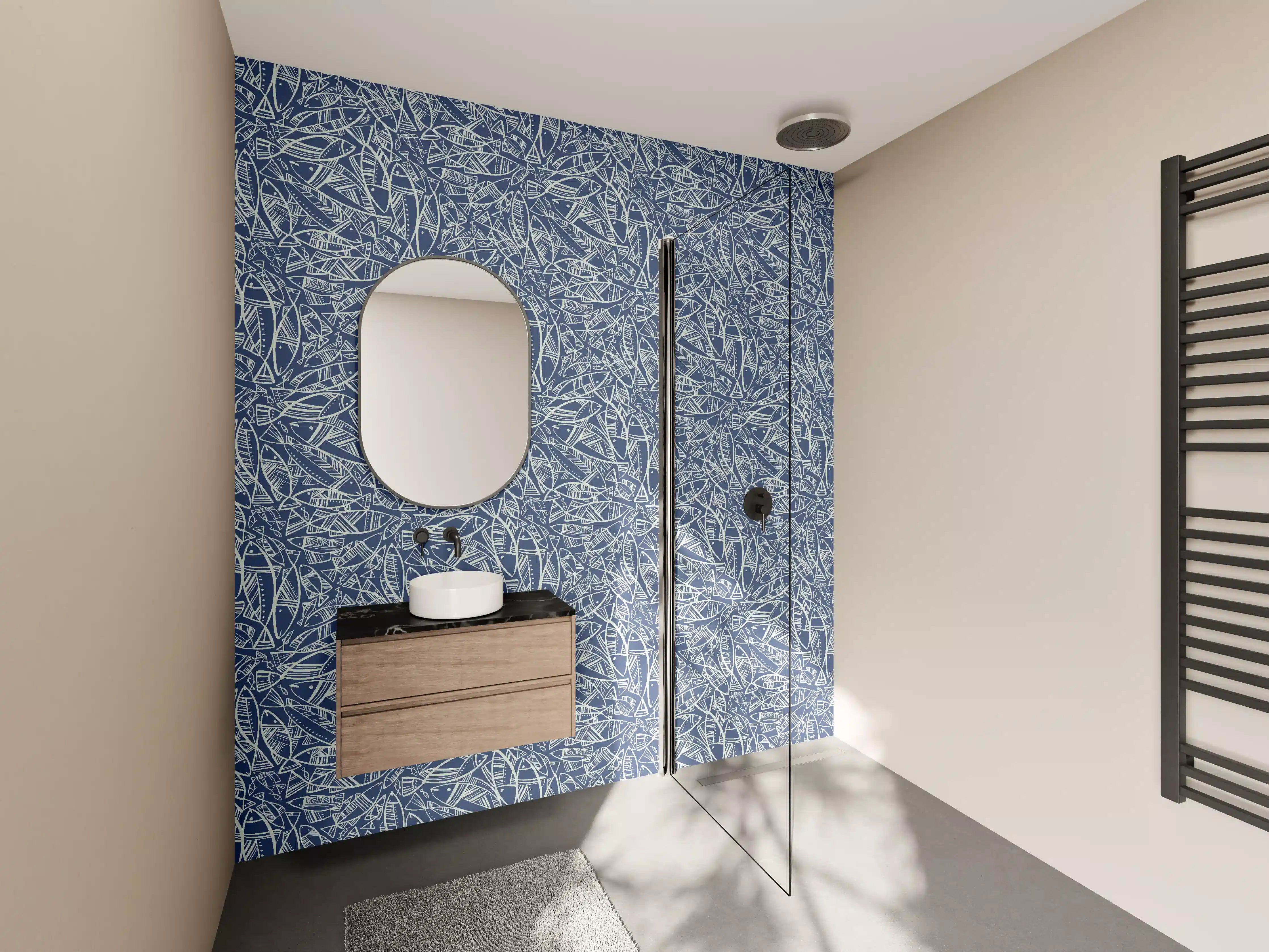 Wandverkleidung Bad - Abstraktes Fischmuster Blau