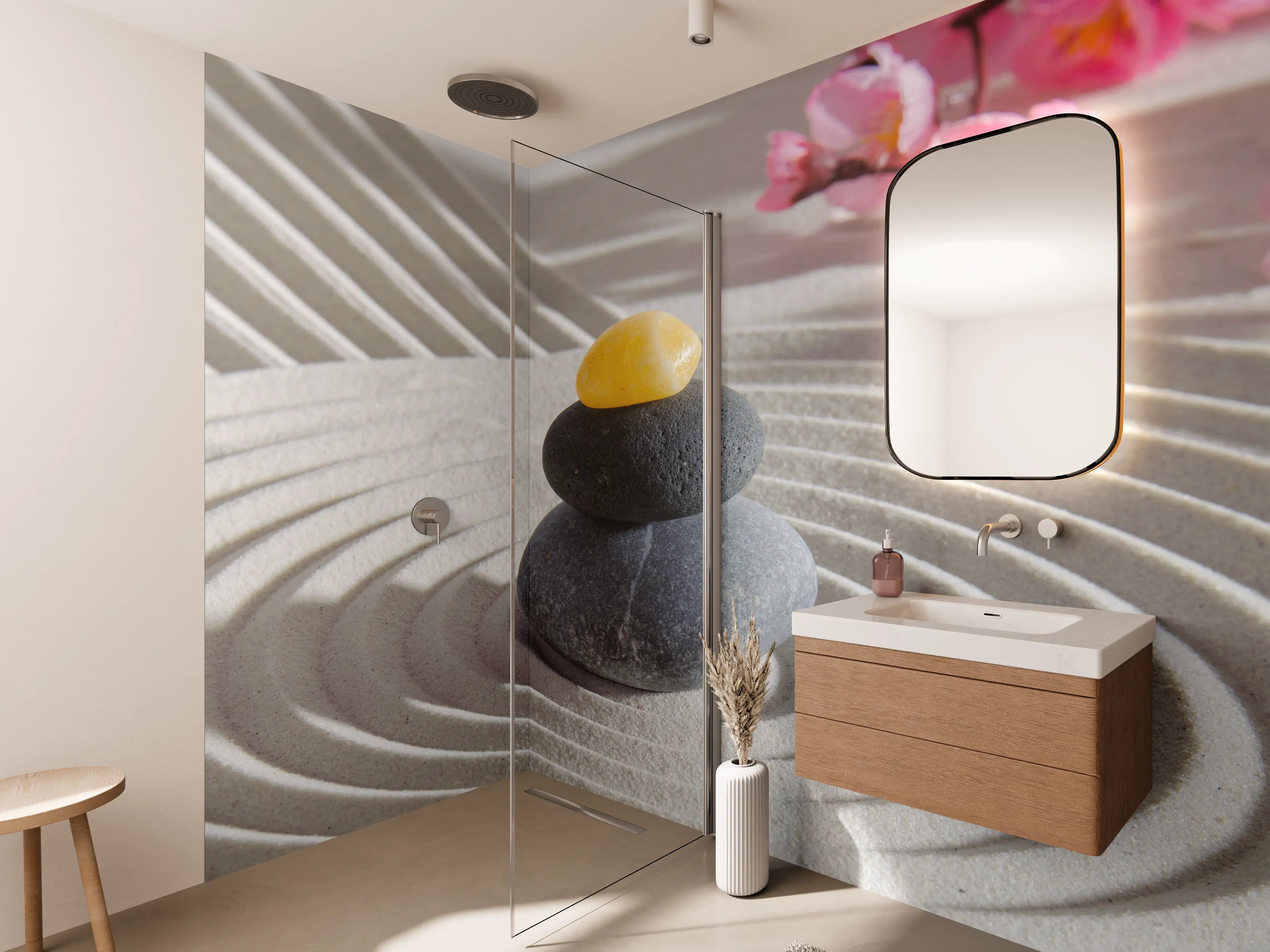 Wandverkleidung Bad - Achtsamkeit mit Steinen und Blumen