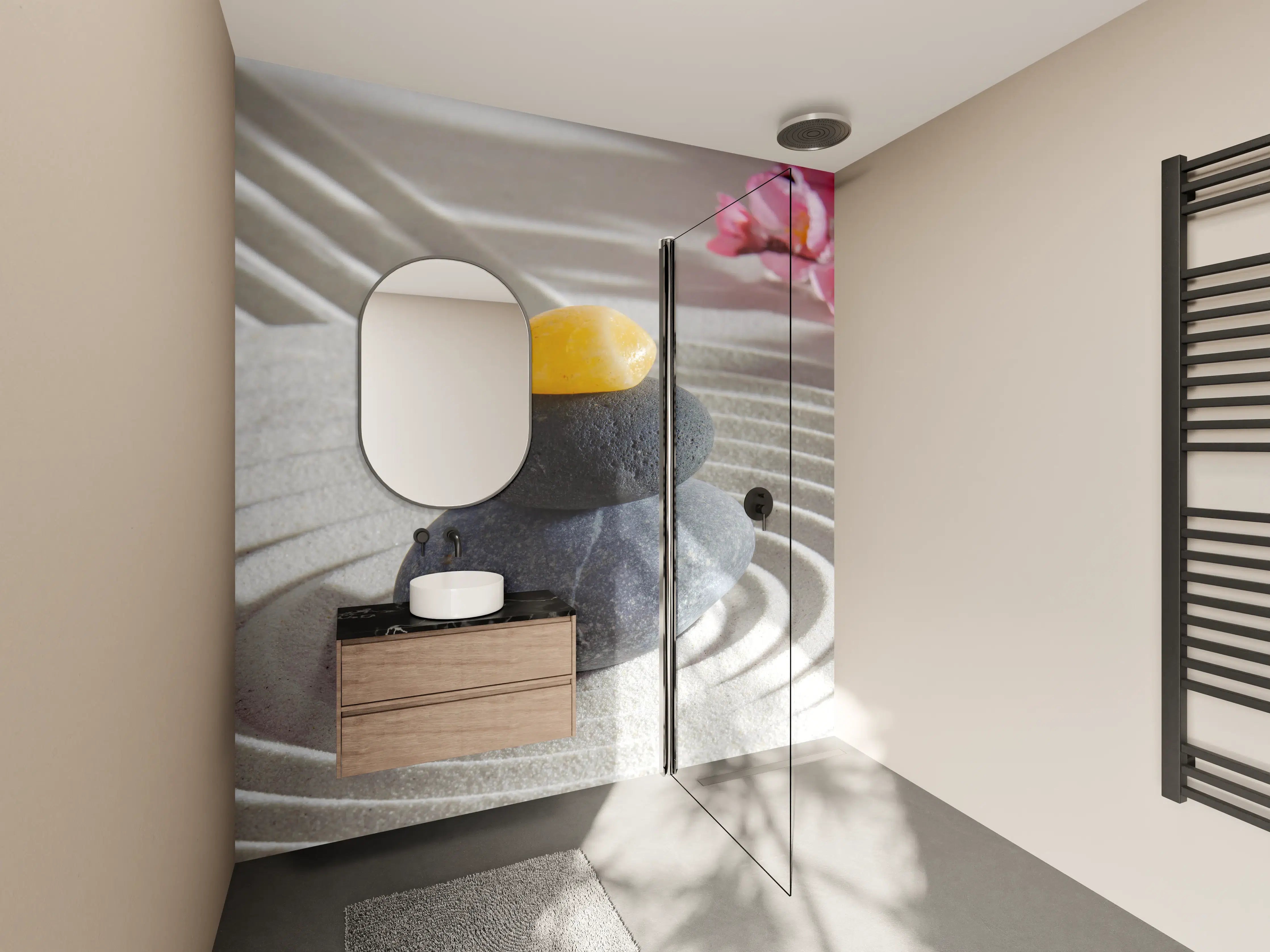 Wandverkleidung Bad - Achtsamkeit mit Steinen und Blumen