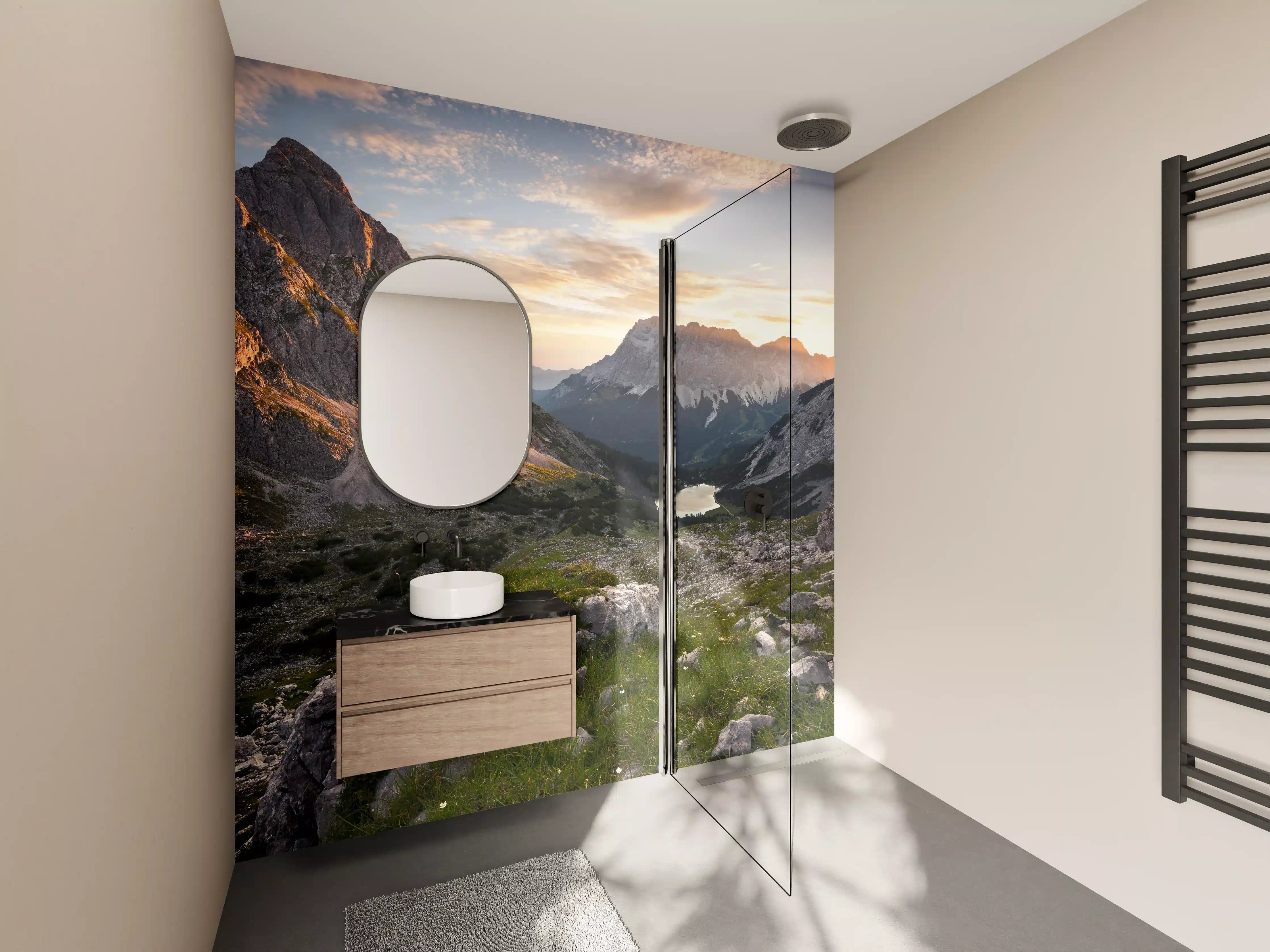 Wandverkleidung Bad - Alpenglühen am Bergsee